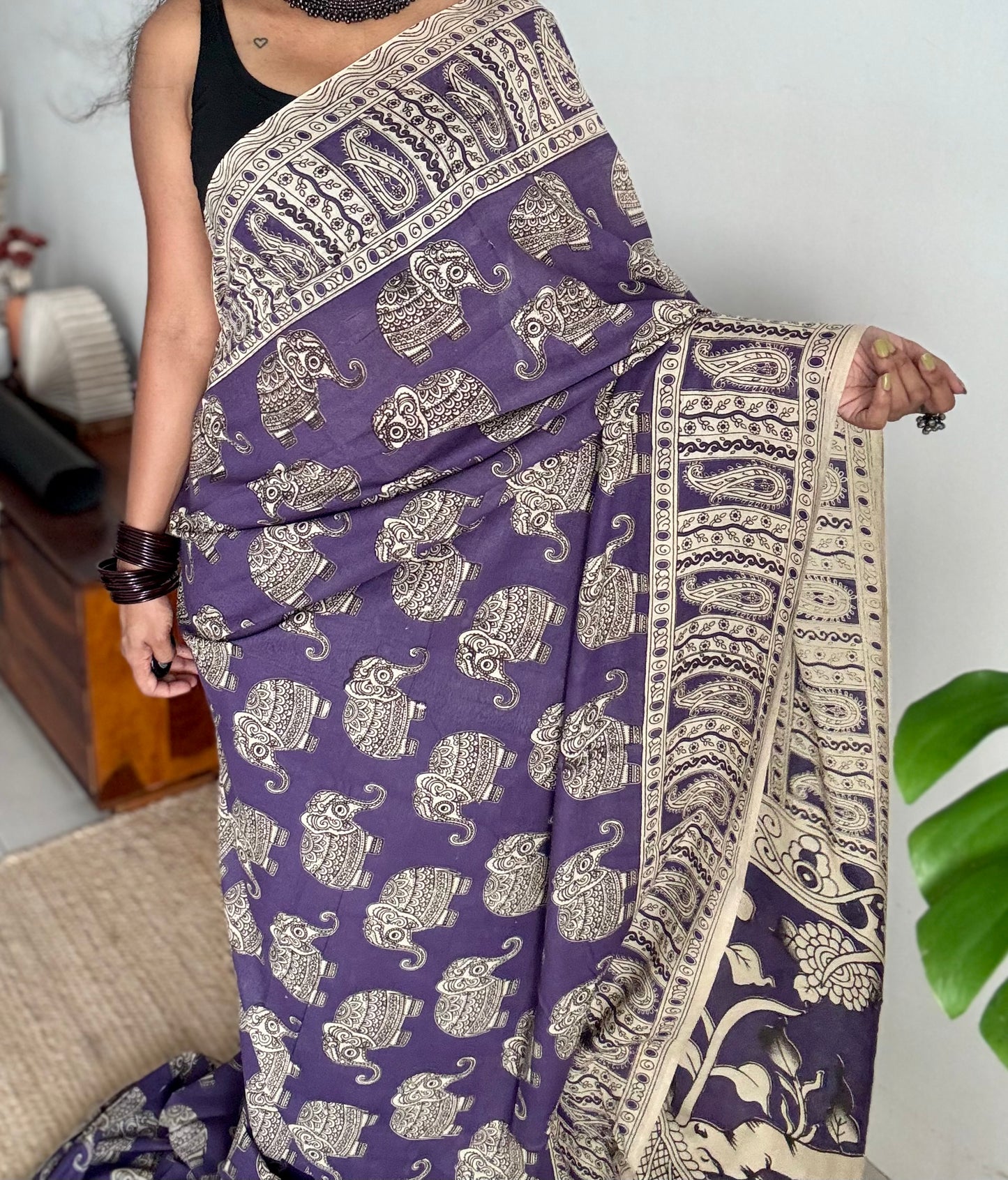 Purple kalamkari saree, elephant motifs, soft cotton - YCWOTDMA351