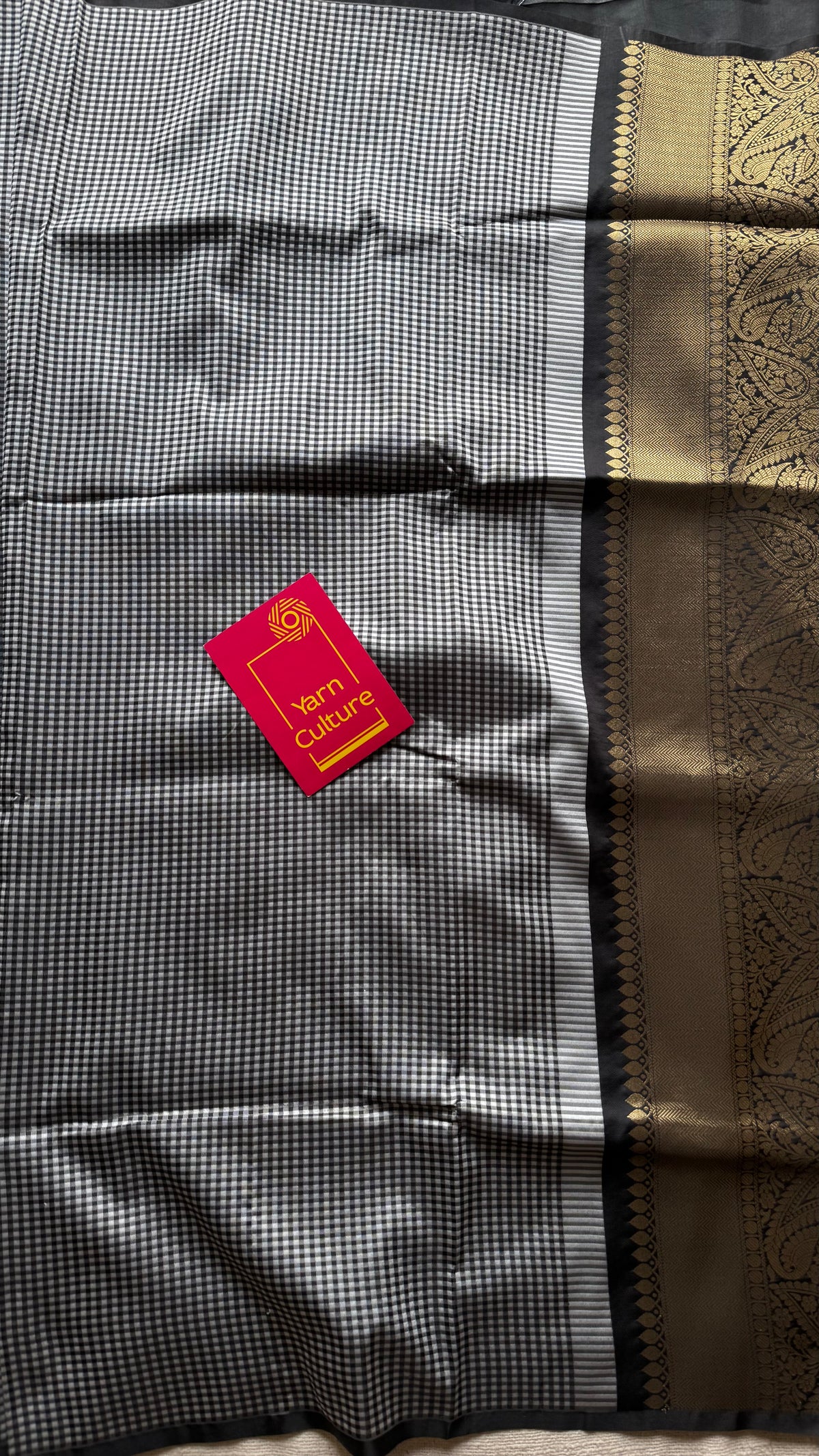 Black and white mini checks, Banarasi semi-katan silk saree with antique gold zari pallu - YCBLTOC93
