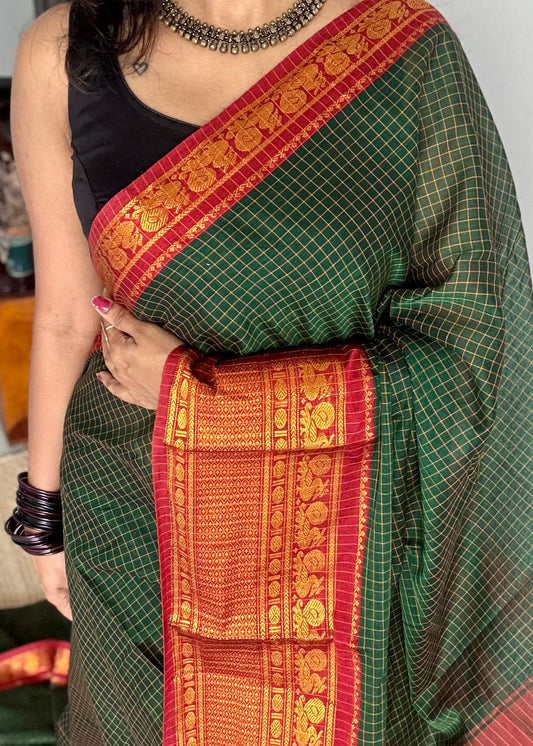Dark green checks with zari border, premium narayanpet, soft cotton - YCWOTDOCNP01