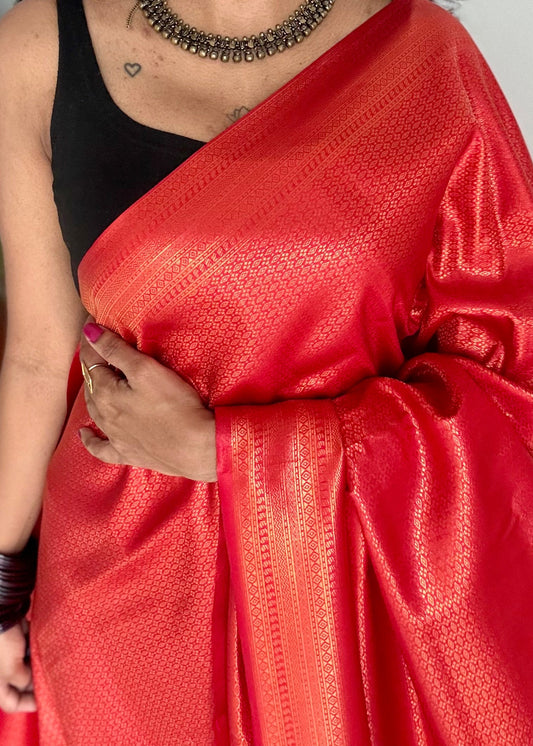 Red, antique gold zari, semi-silk - YCDOSOCSS06