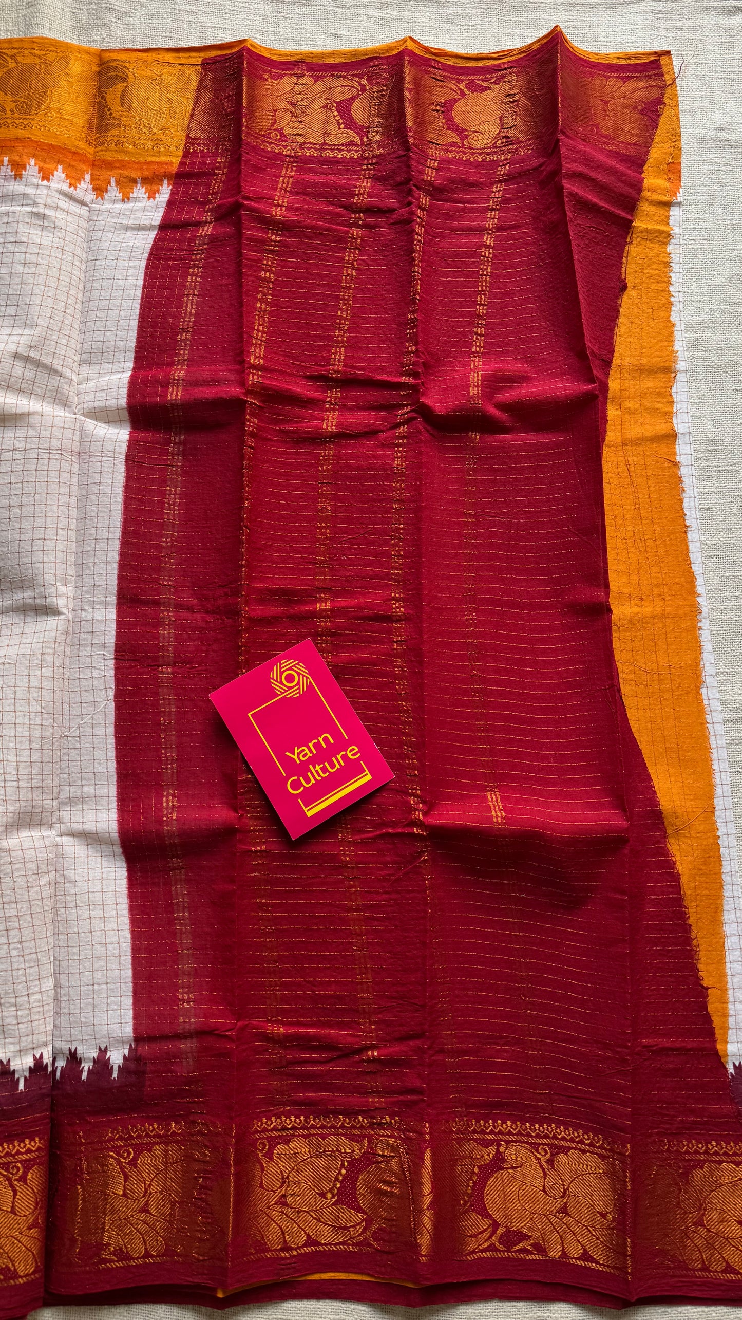 Sungudi cotton checks, off white base, red and yellow dual tone border, soft cotton - YCCOTNMSFE279