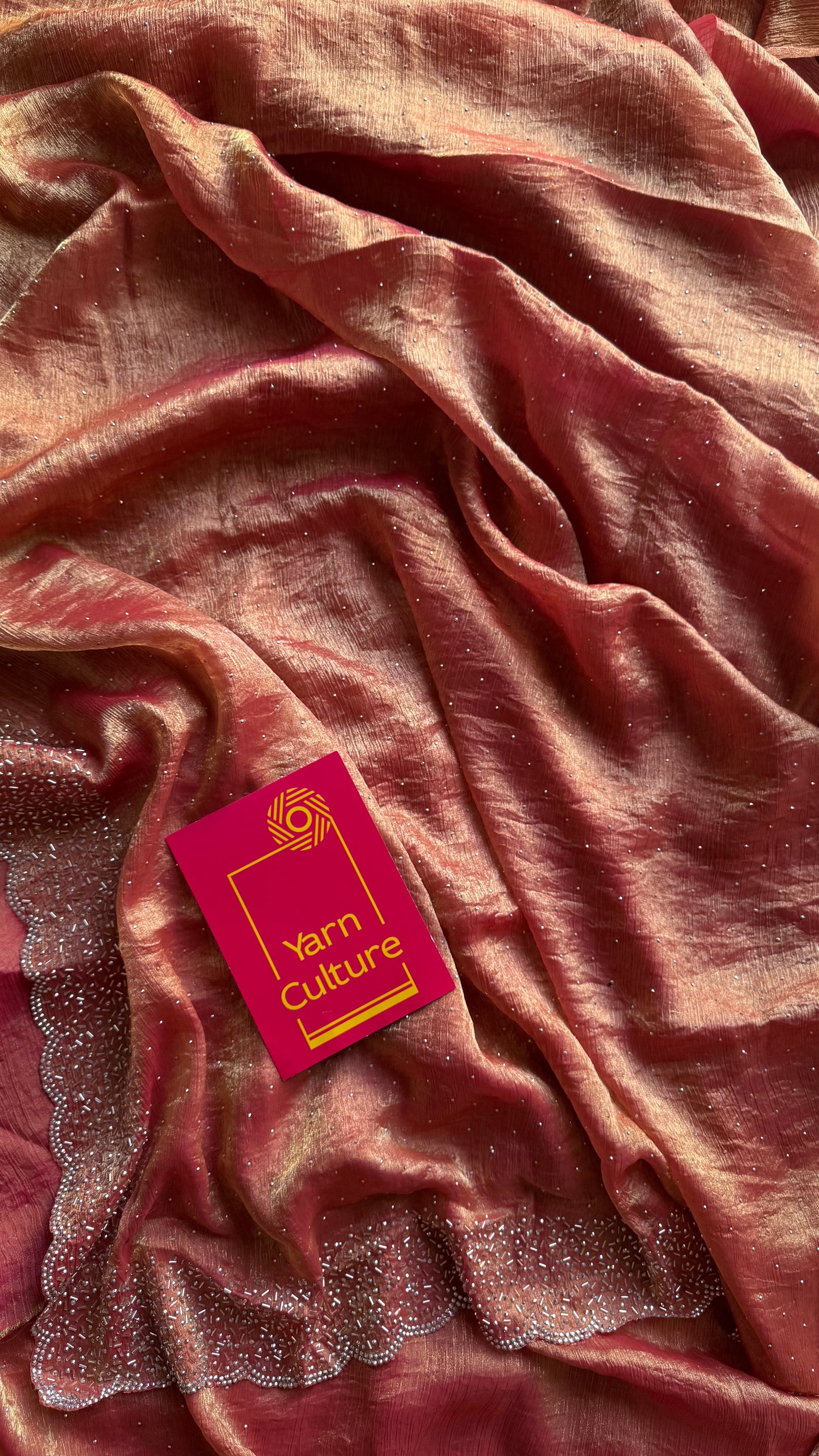 Peach Pink - peach pink dual tone space silk, jarkhan stone work - YCDOSNO35