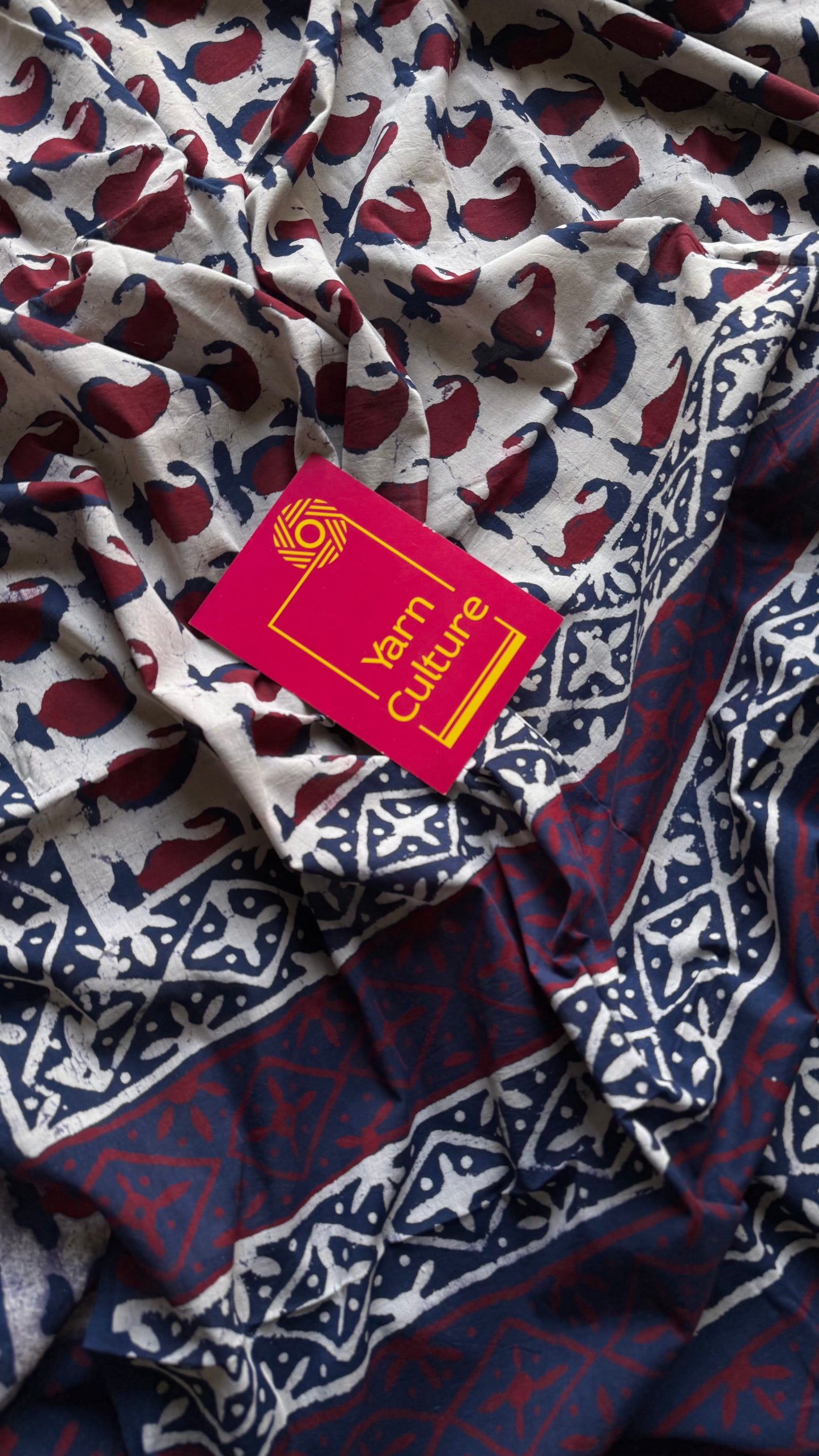 Beige with Indigo and maroon paisley motifs, block printed soft cotton saree - YCTORCMA23
