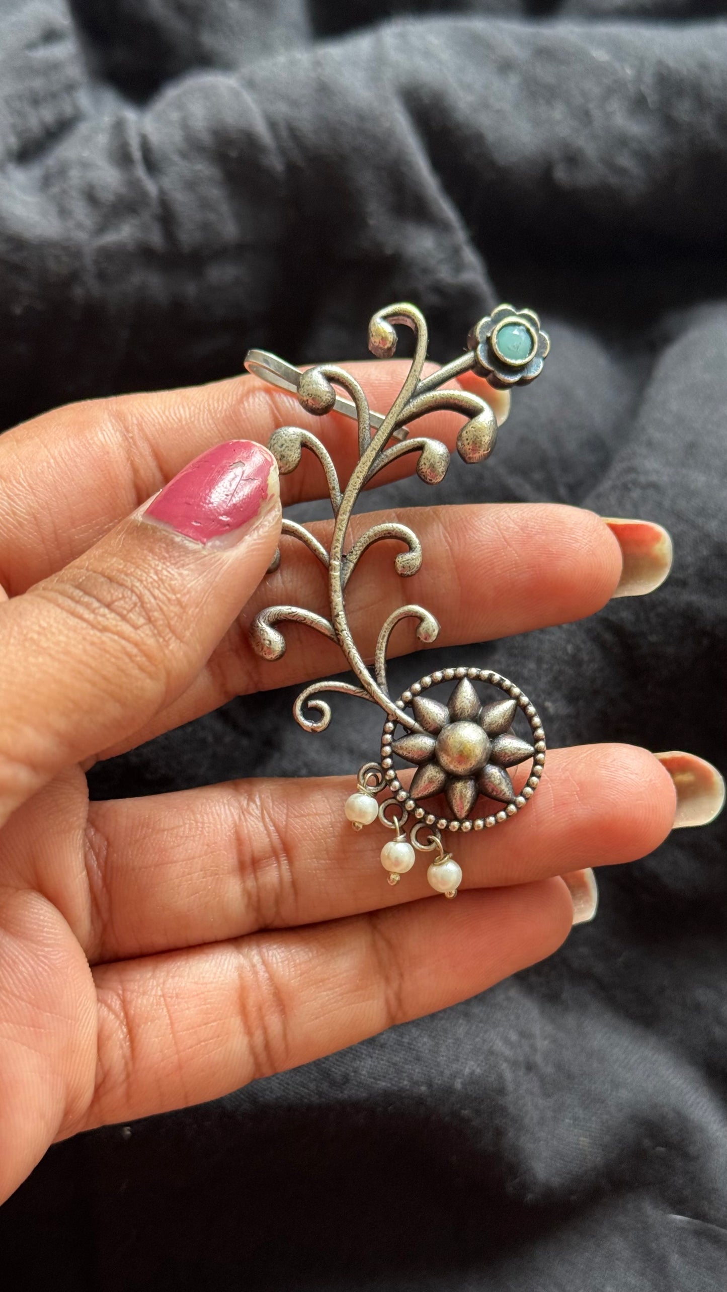 Oxidised silver, floral patterned earcuff, mint stone - YCOSEC578