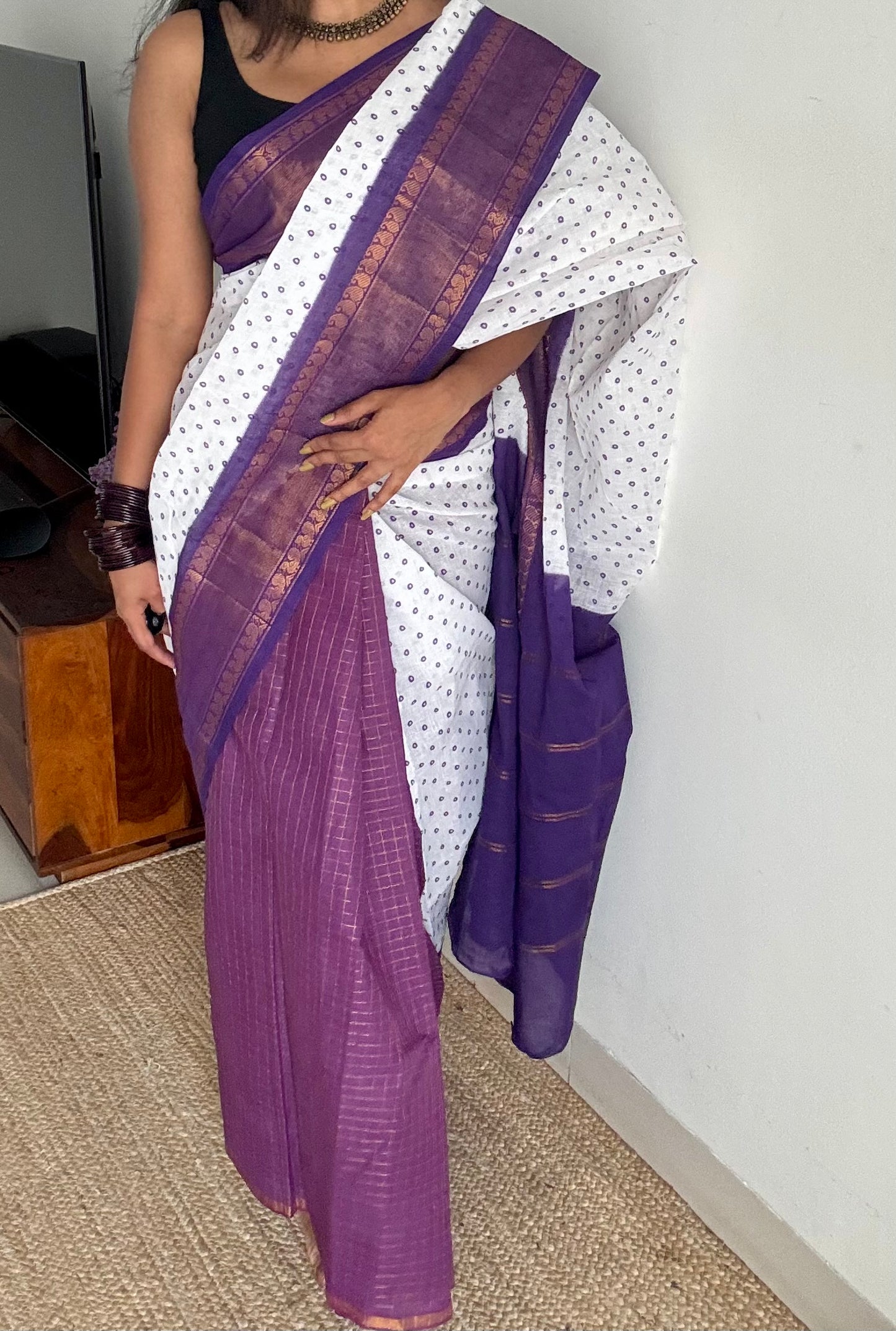 White with purple, sungudi cotton half-half saree - YCCOTNMSFE373