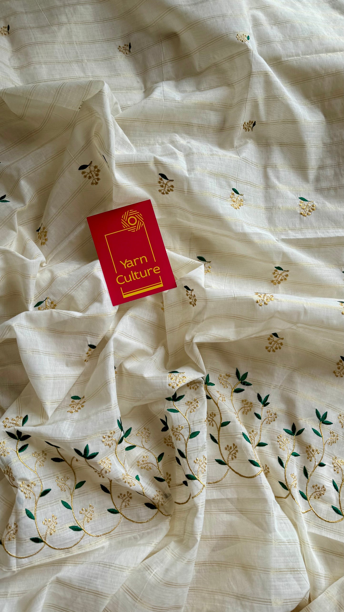 Ivory and gold soft cotton saree, dark green floral vine embroidery  - YCIEON57