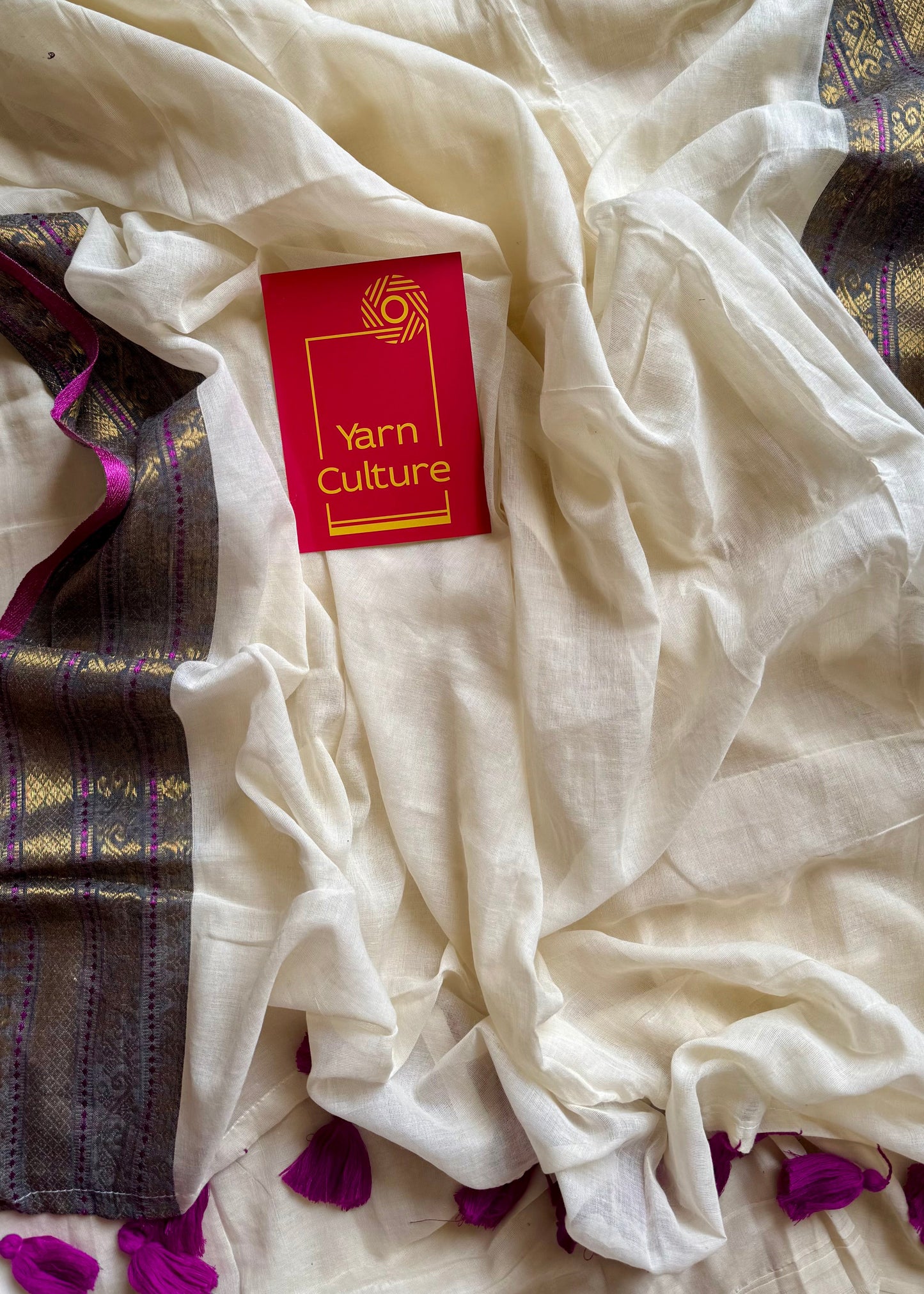 Ivory mul saree, purple pink and antique gold kanchi border - YCIEON30