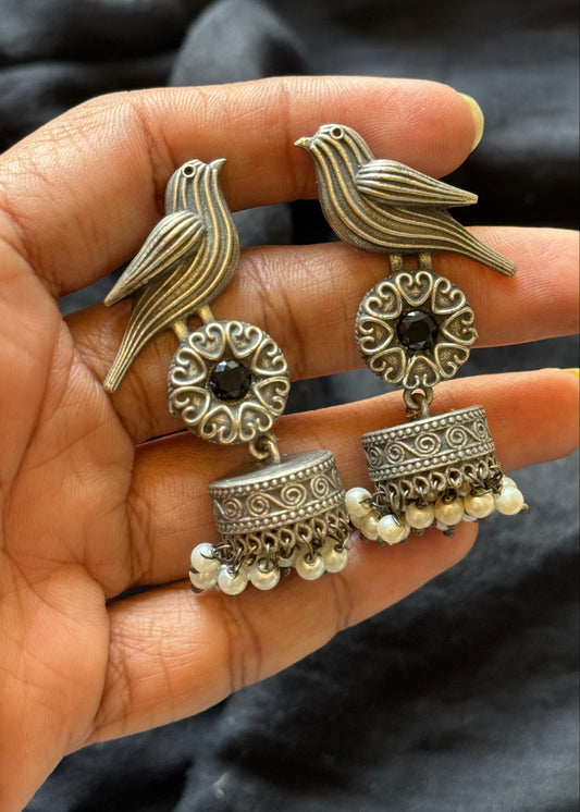 Bird Jhumka, black stone, black polished oxidised silver - YCOSEJ448