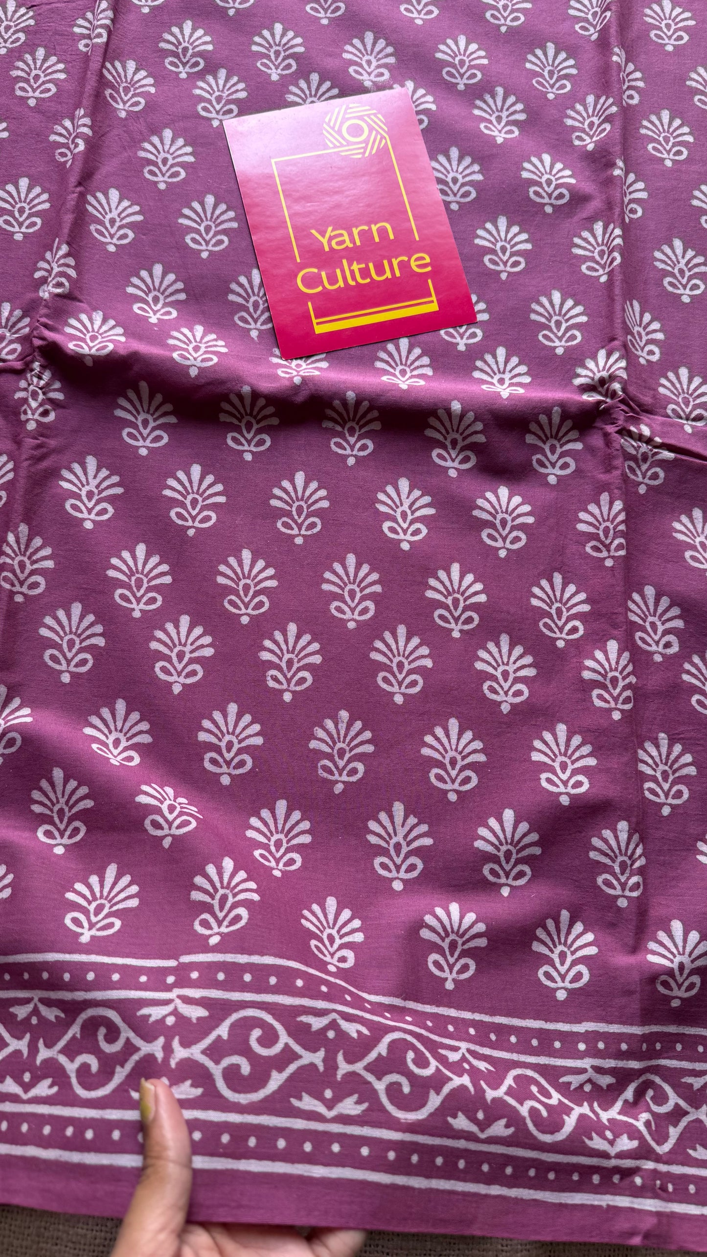 Purple pink with off white floral motifs, block printed soft cotton saree - YCTORCMA18