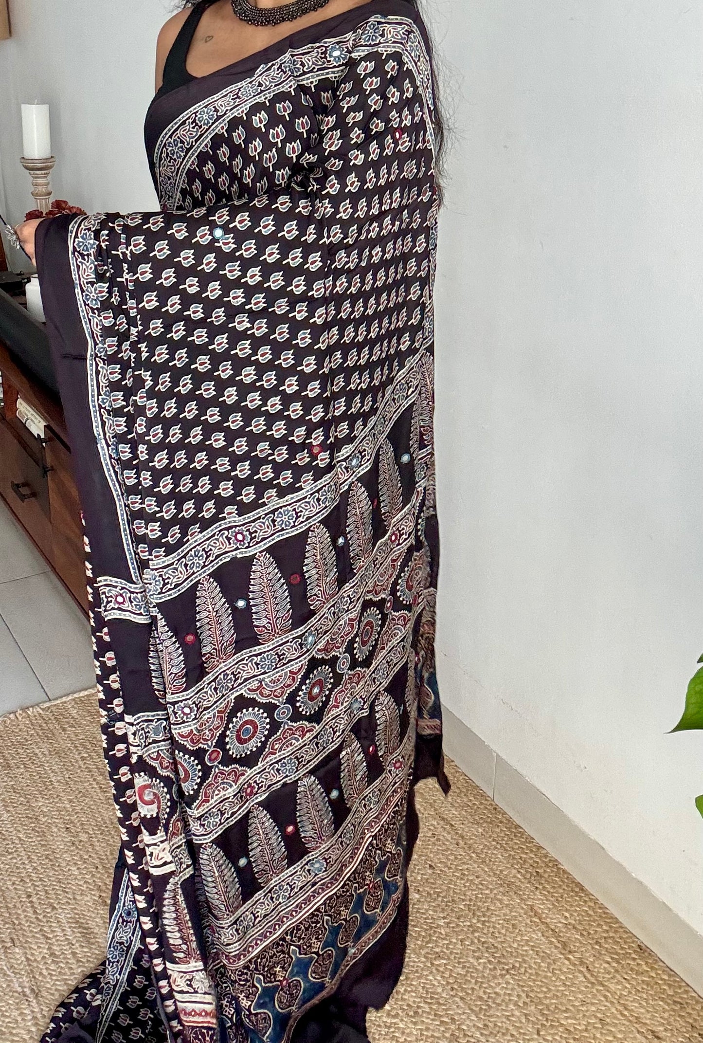 Black pure modal silk saree with ajrakh handblock print and mirror work - YCTOKAJM337