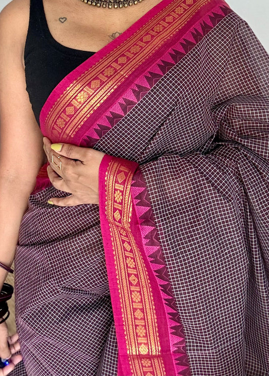 Dark brown with pink contrast, checkered kanchi cotton saree - YCCOTNJU18