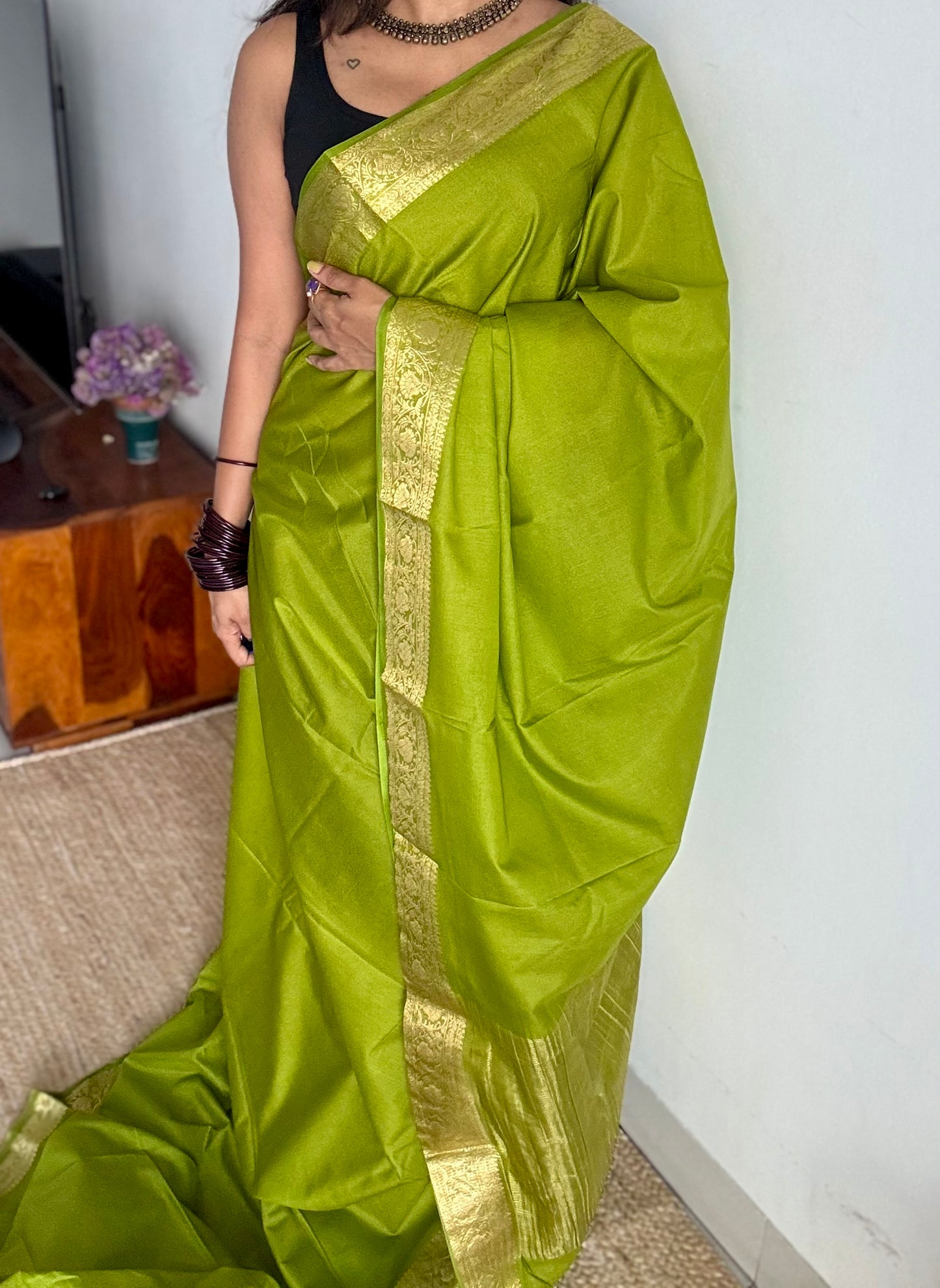 Lime green Mysore semi crepe silk saree - YCLOKFE243