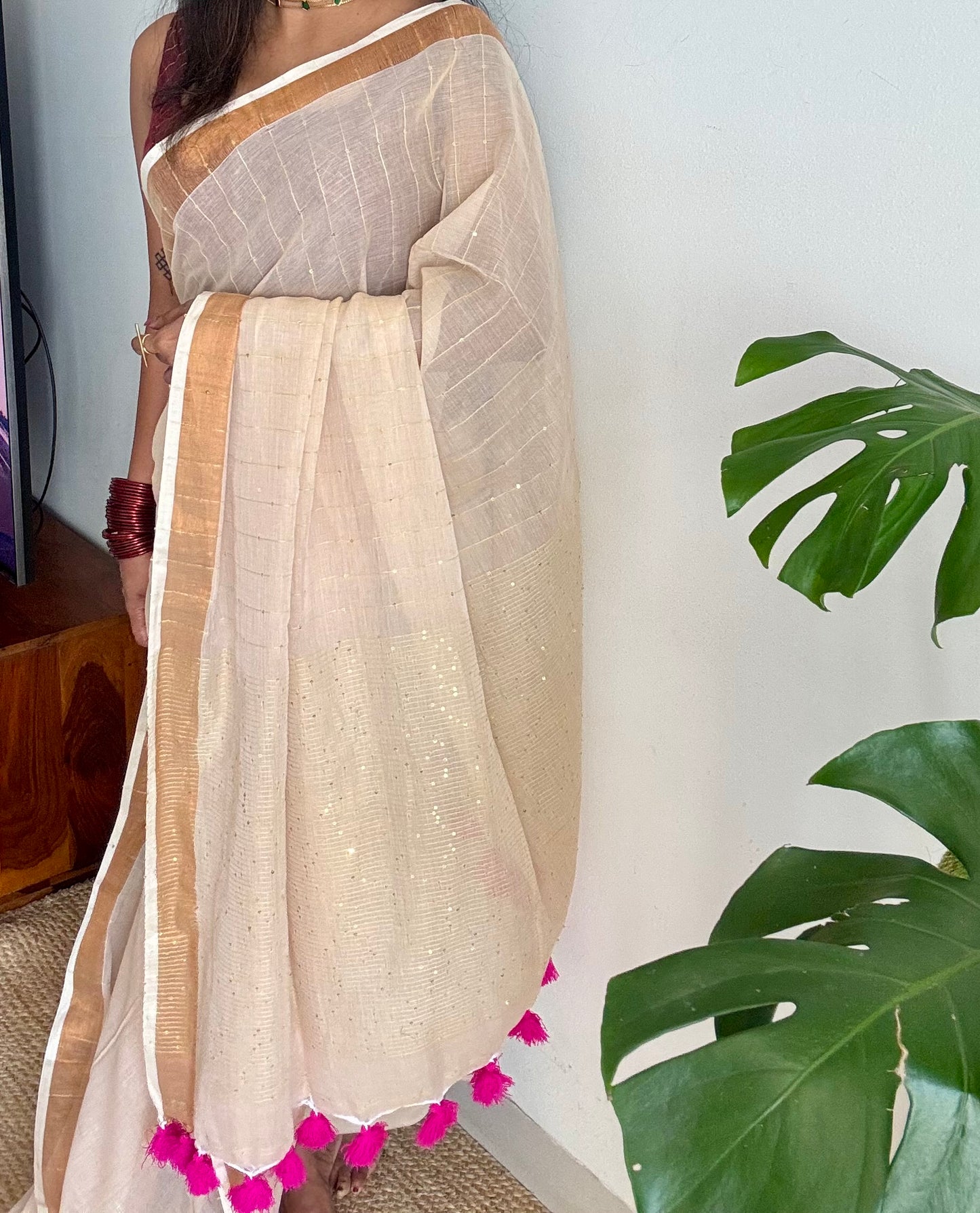 Sandal mul saree, sequins work  - YCIEON26