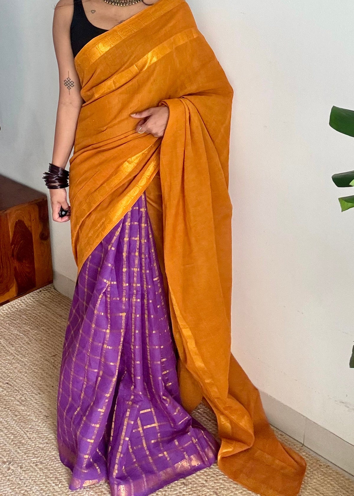 Turmeric yellow with purple, sungudi cotton half-half saree - YCCOTNIDOC13