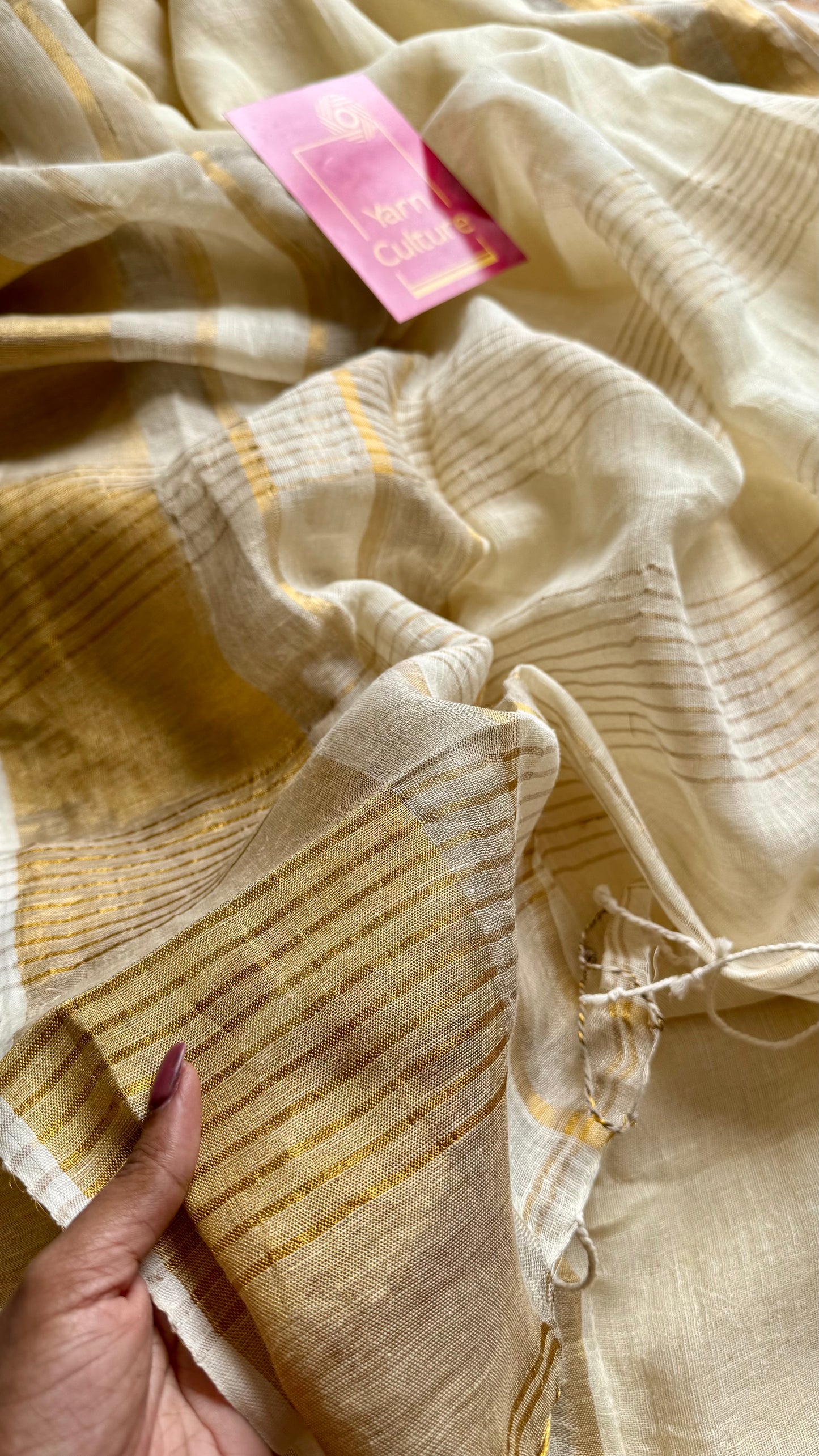 Pure ivory linen, gold and silver zari border - YCIEON27