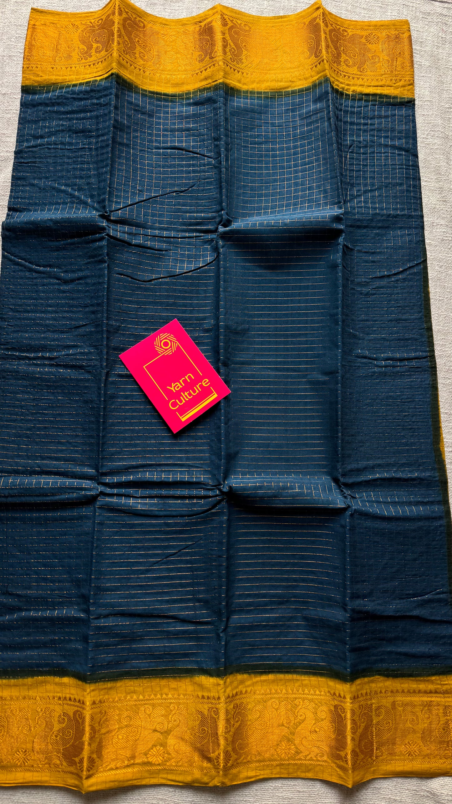 Dark teal with turmeric yellow, checkered with zari border, sungudi cotton - YCCOTNSUDE48