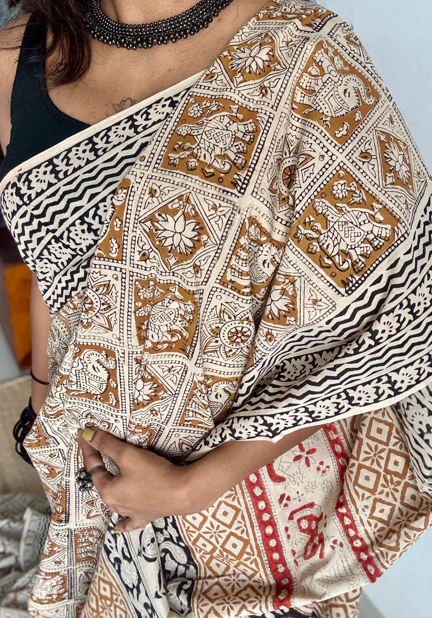 Katha - elephants, florals, and geometric tales block printed on earthy brown, soft cotton - YCWOTDNOBP92