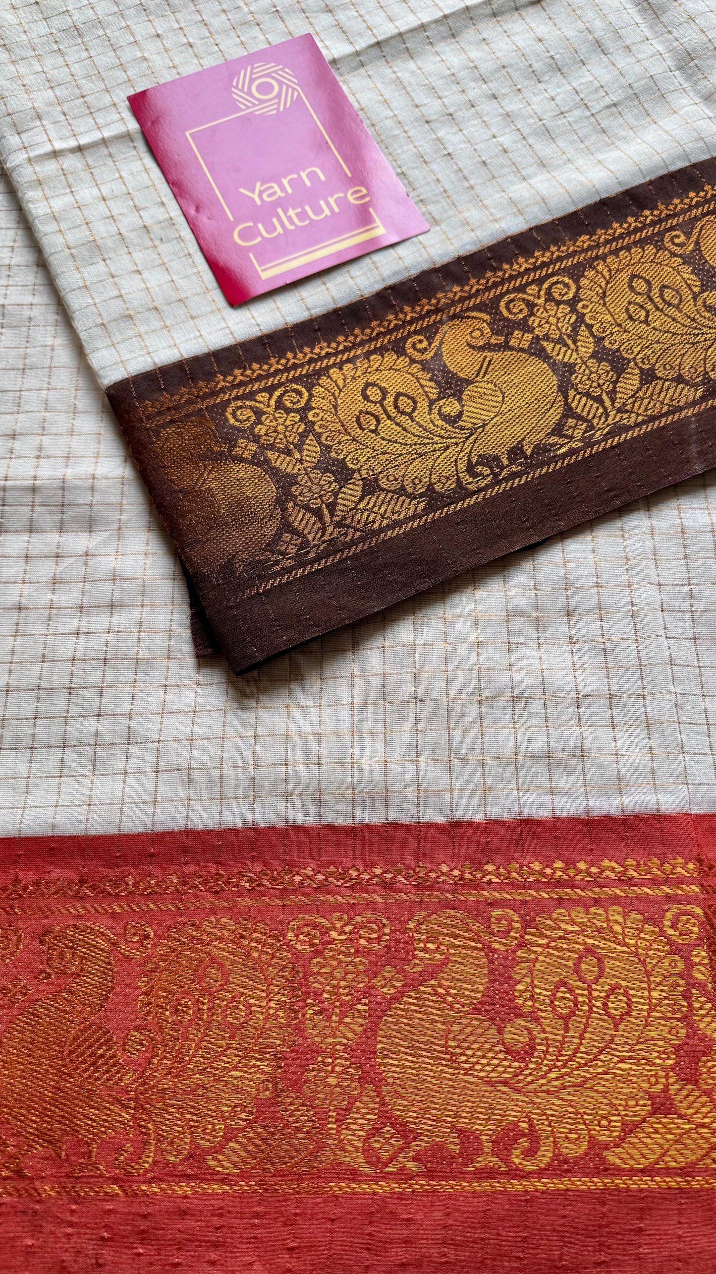 Namita : Kanakambaram - Sungudi checks, ivory gold base, brown and orange dual tone border, soft cotton - YCIEON160