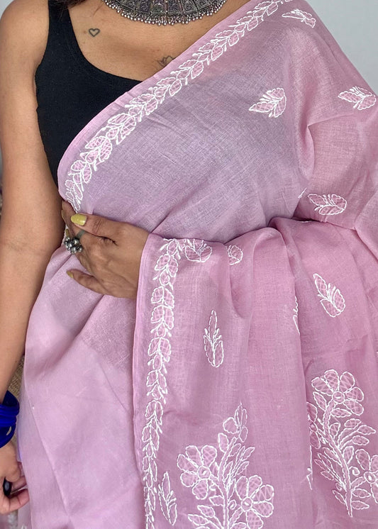 Sahar - light mauve hand-embroidered chikankari cotton saree - YCLCKFE418
