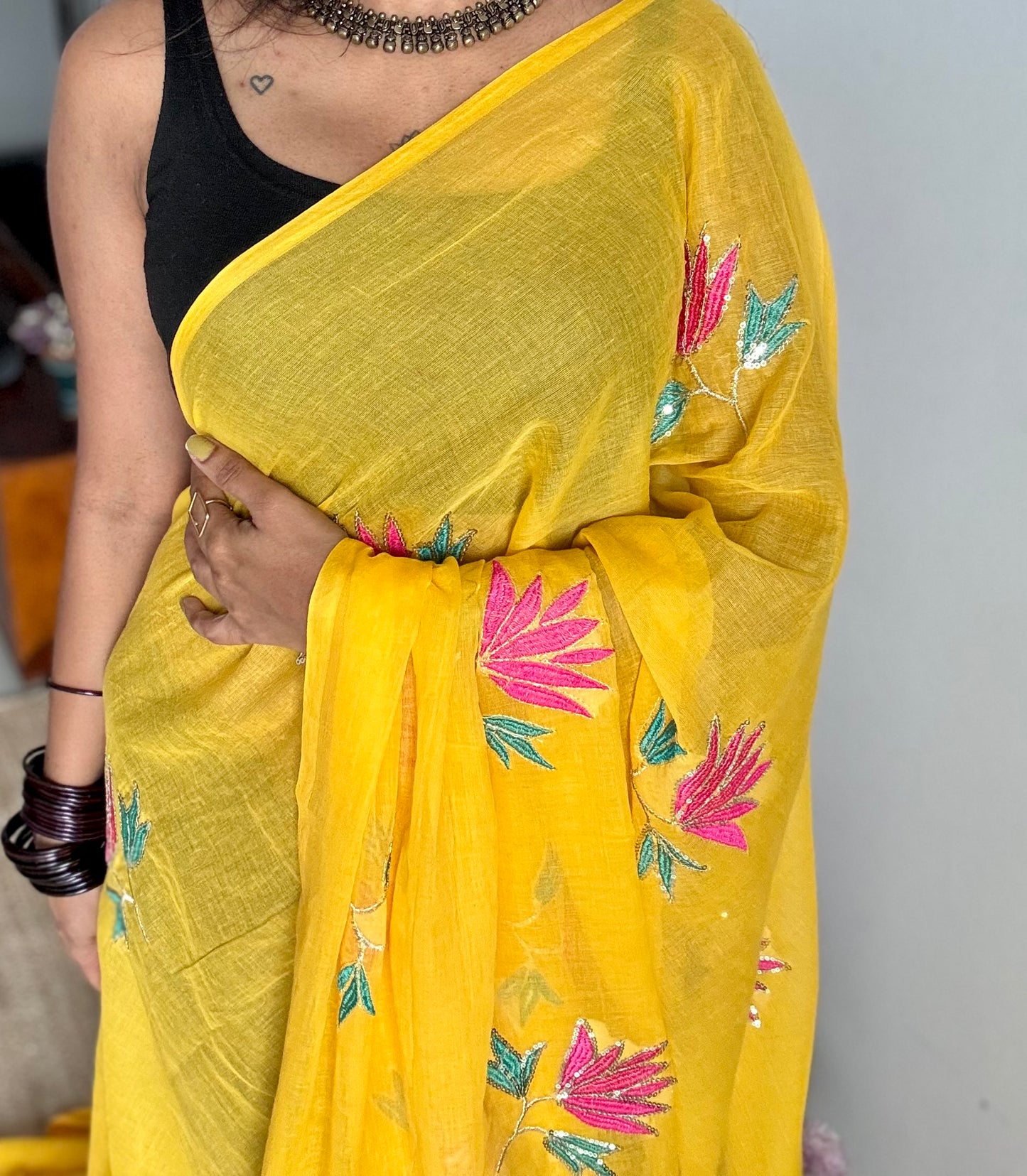 Yellow mul with lotus sequin embroidery - YCBCMCDE16