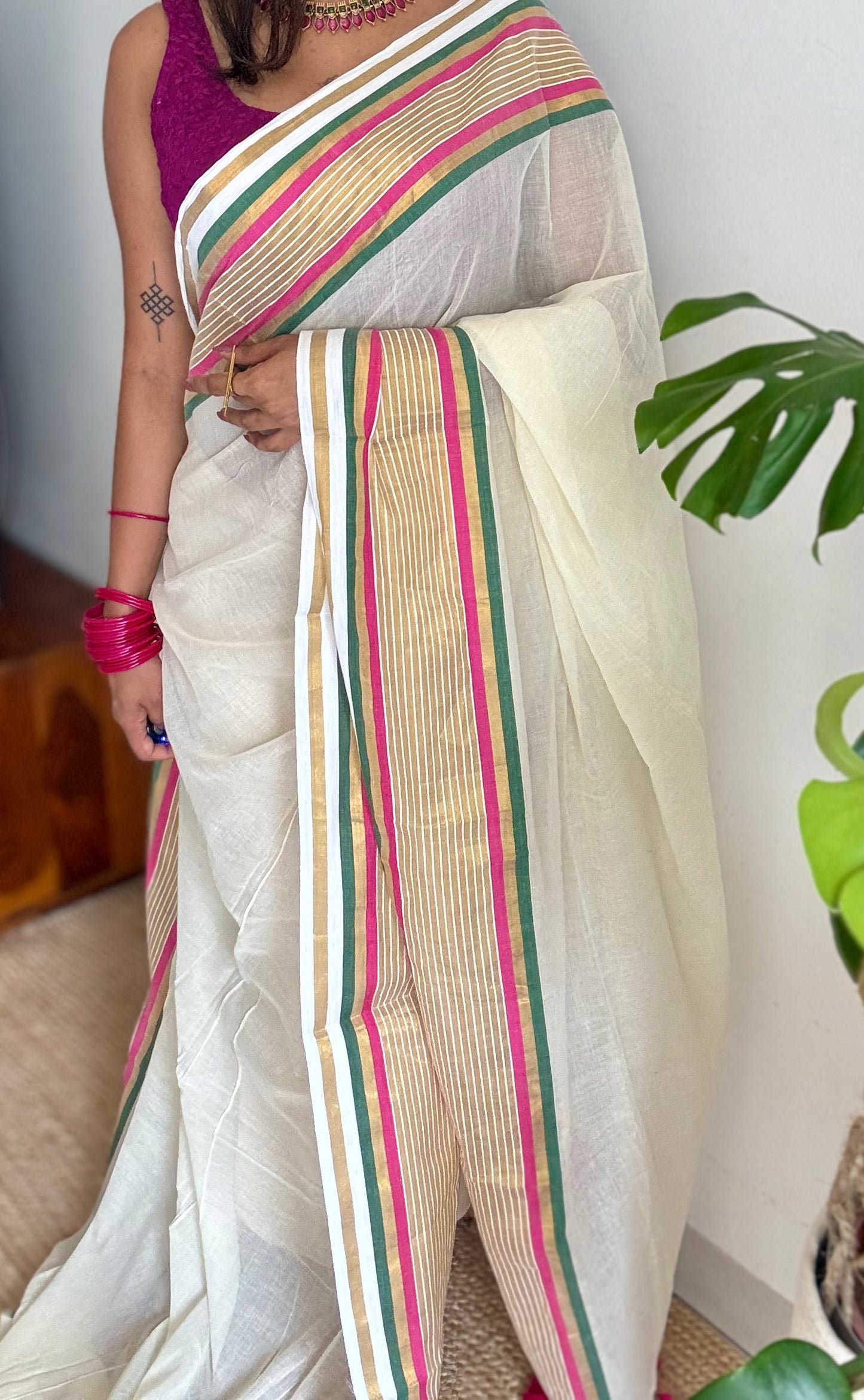 Ivory mul saree, hot pink, green and gold striped border - YCIEON14