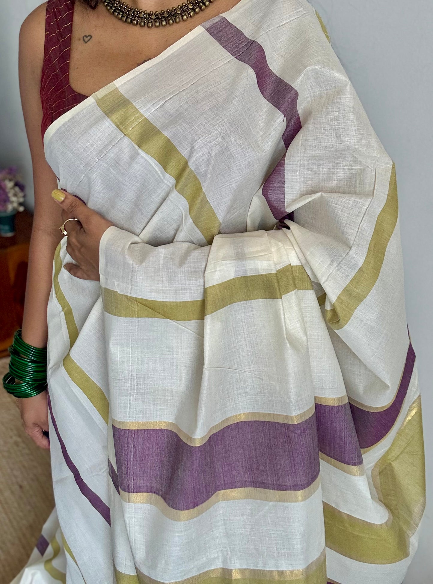Ivory Kerala cotton saree with purple and green stripes - YCIEKCFE306