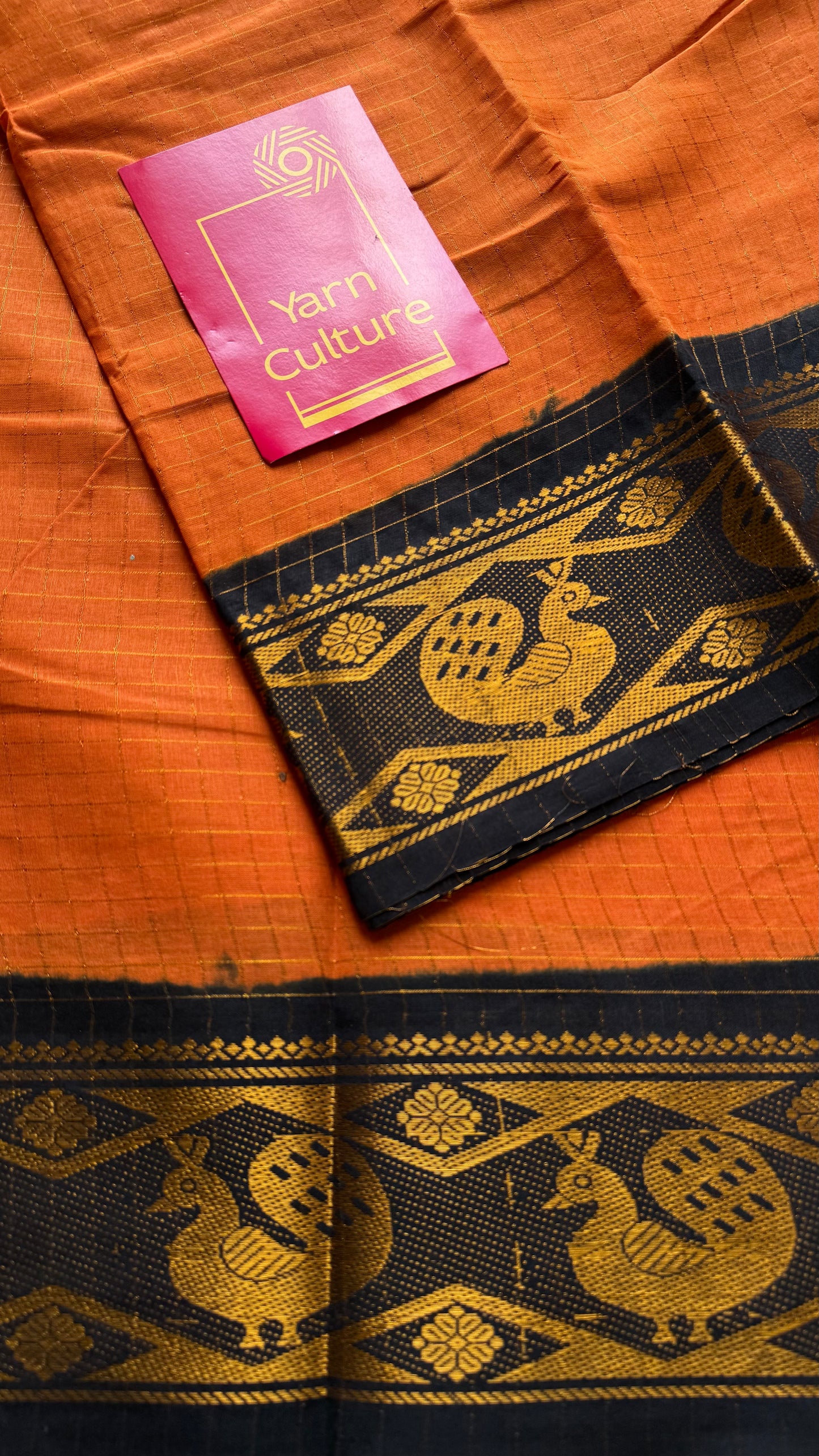 Orange with black contrast zari checkered sungudi, kattuchayam dyed madurai cotton - YCCOTNJUCC15