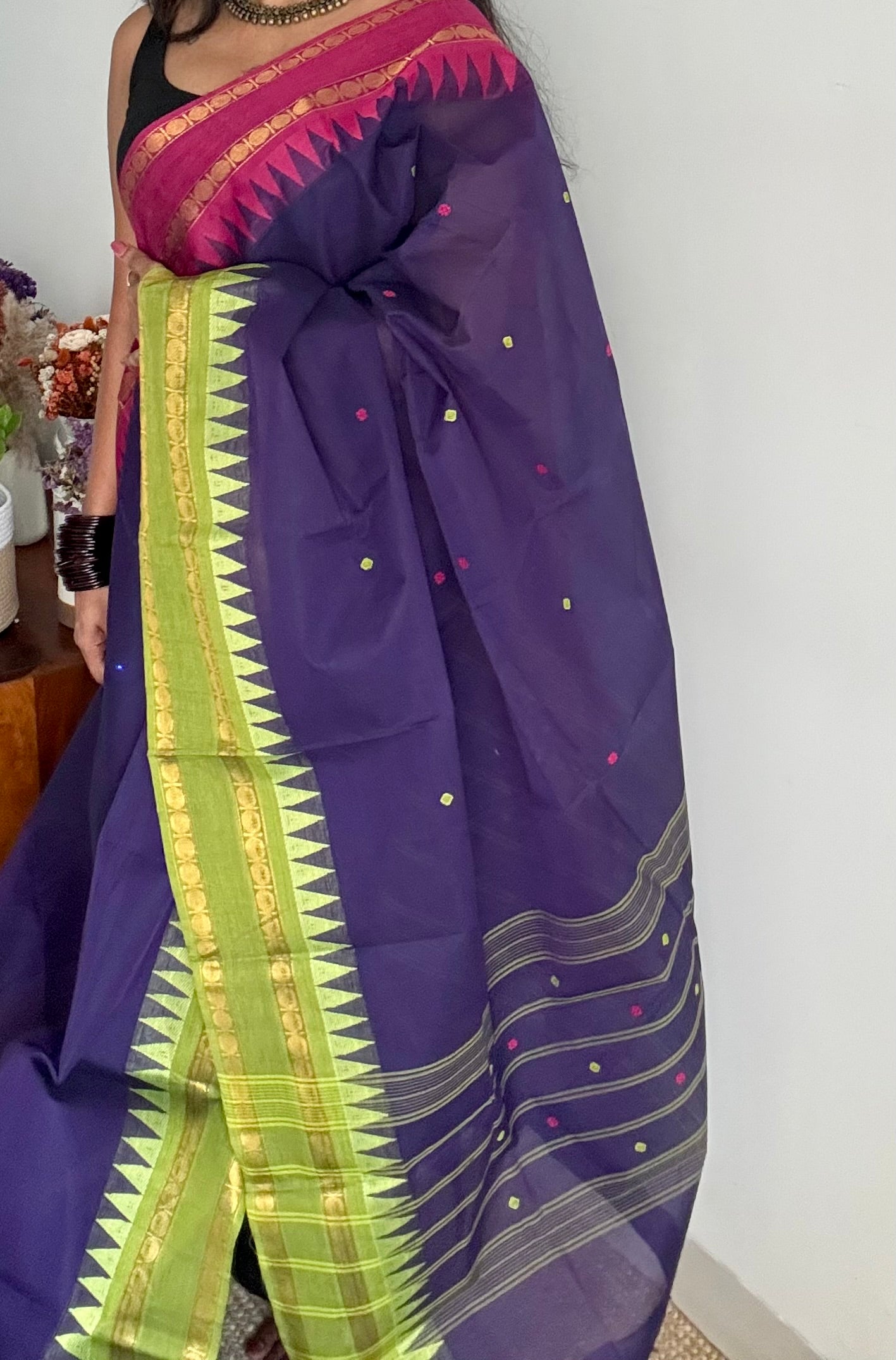 Kanchi cotton saree, royal blue with magenta and lime green dual border - YCCOTNAP97