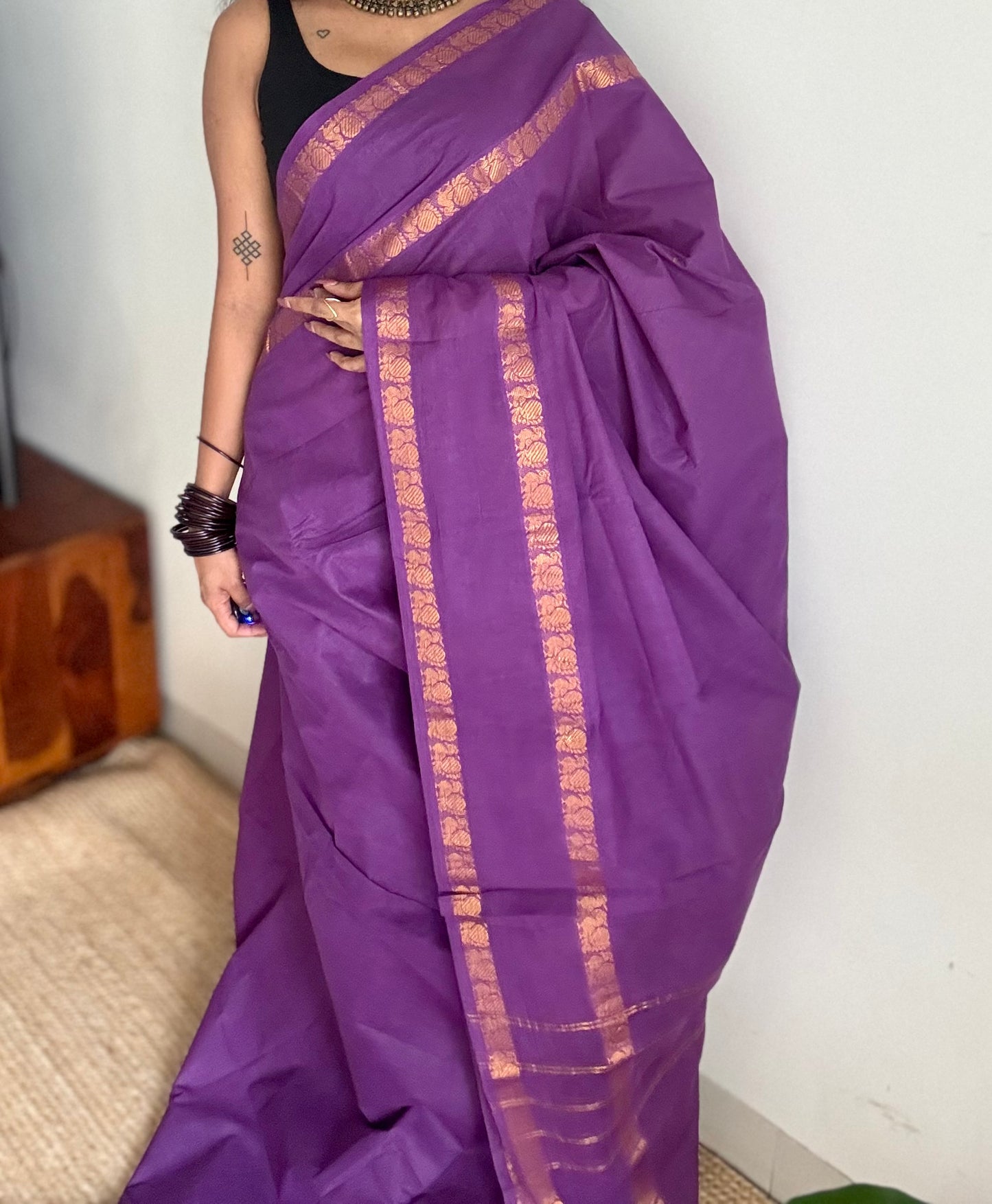 Purple rettaipettu peacock gap border, kattuchayam dyed madurai cotton saree  - YCCOTNMSJUL03