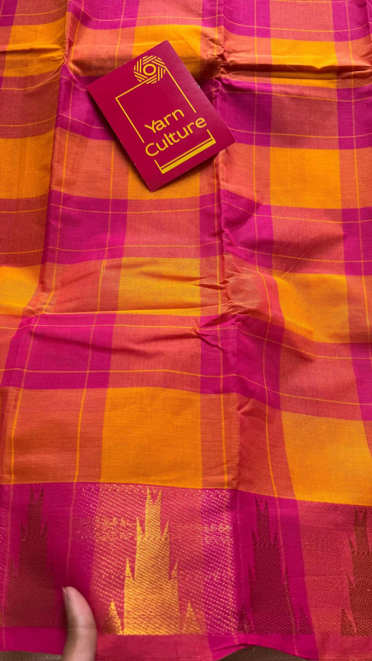 Chettinad cotton saree with yellow and pink checks, temple motif border - YCCOTNAP59