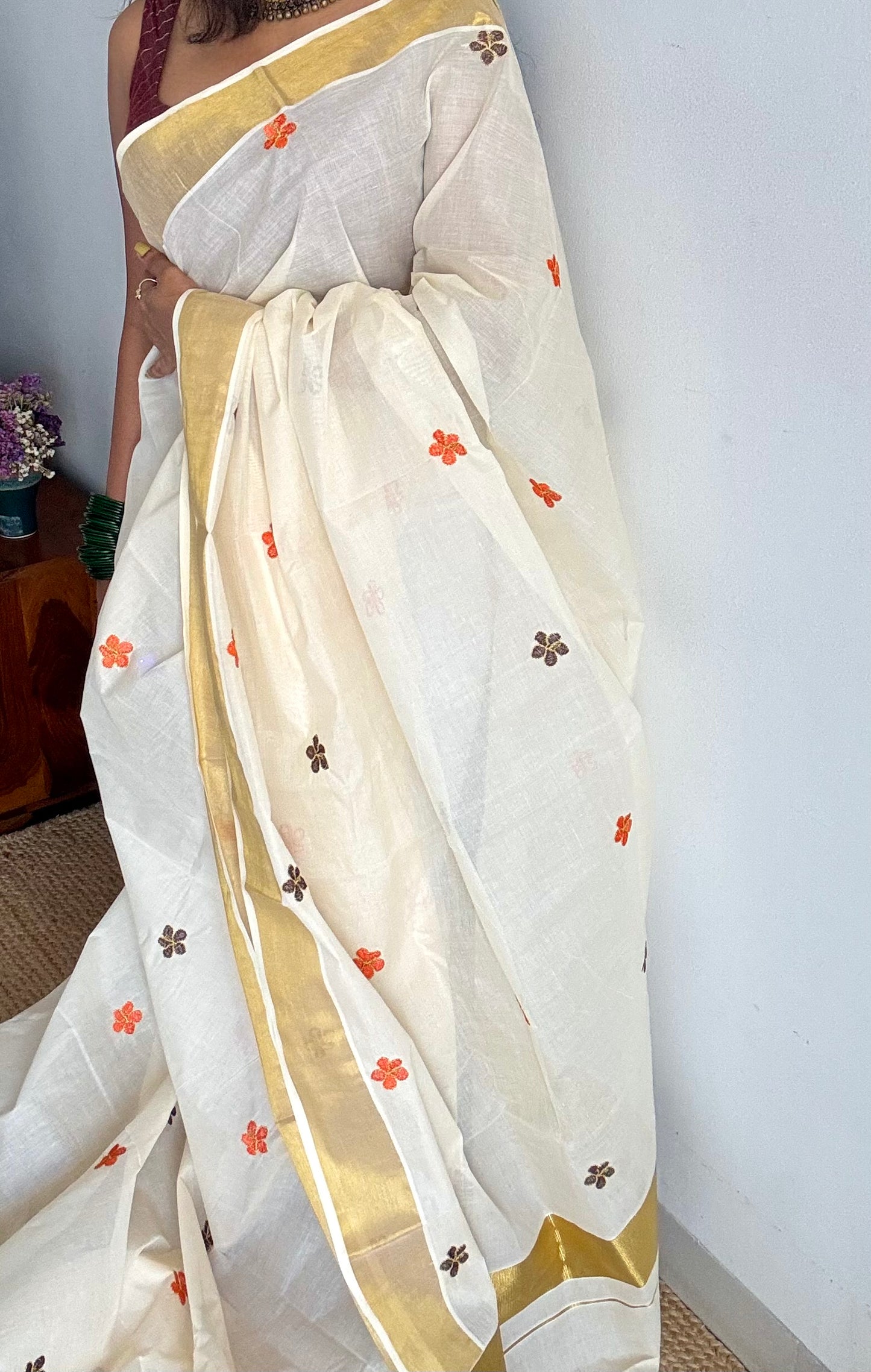 Ivory and gold saree with brown and orange floral embroidery - YCIEKCFE311