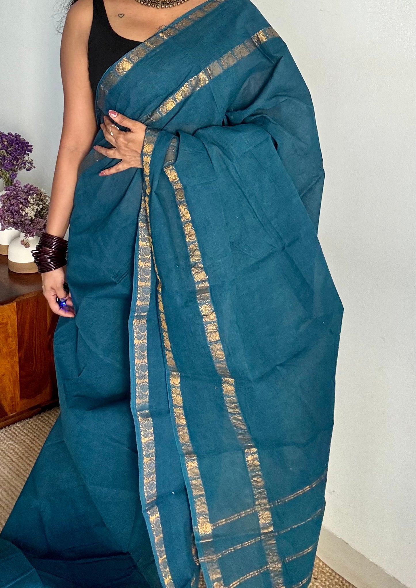 Peacock blue/teal rettaipettu peacock double bordered, kattuchayam dyed madurai cotton saree - YCTORKDJU30