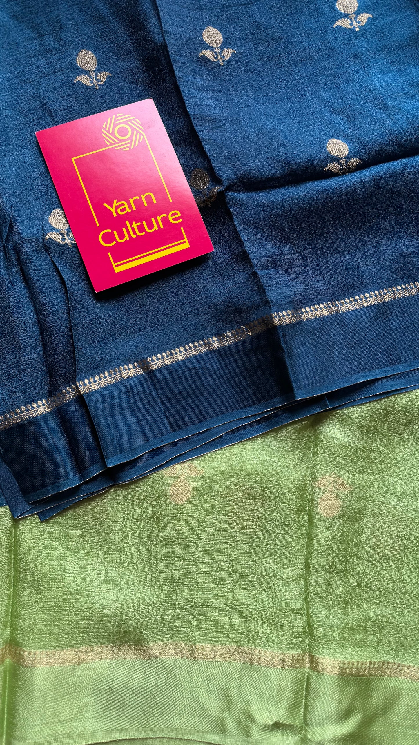 Pista green peacock blue dual tone in viscose soft silk with satin border, jacquard zari motifs - YCDOSFE195