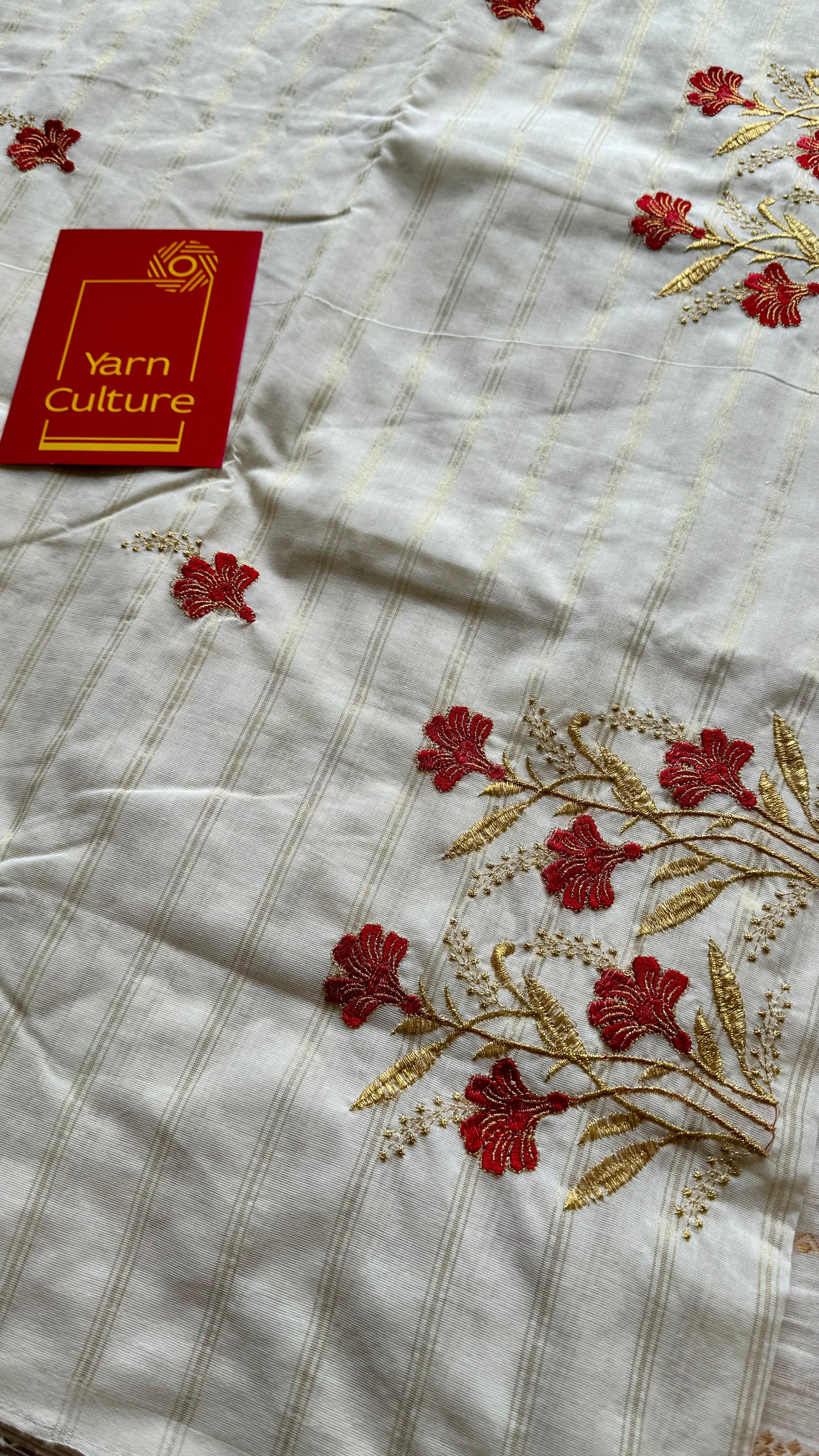 Ivory and gold soft cotton saree, red floral embroidery  - YCIEON52