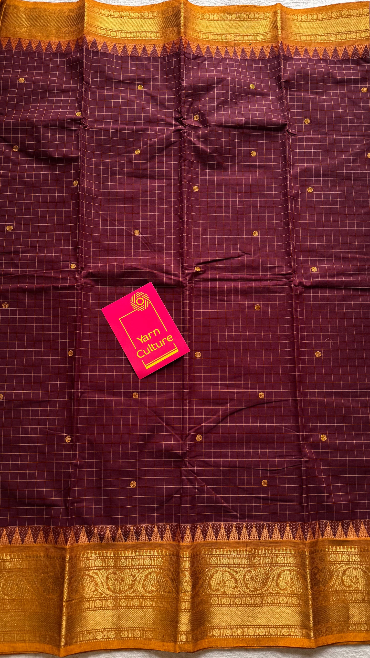 Kanchi cotton saree, maroon checks with yellow temple motif border - YCCOTNAP79