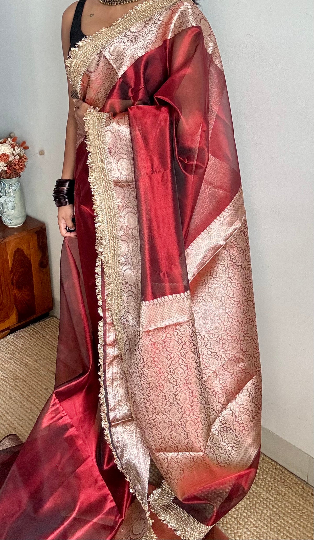 Red tissue Banarasi saree with embellished gold lace border - YCBLTOC79