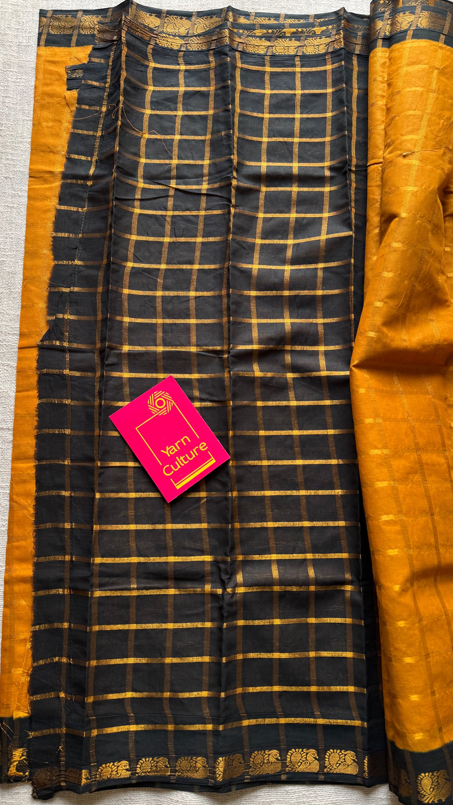 Turmeric yellow with black pavithra kattam sungudi, madurai cotton - YCCOTNSUDE75