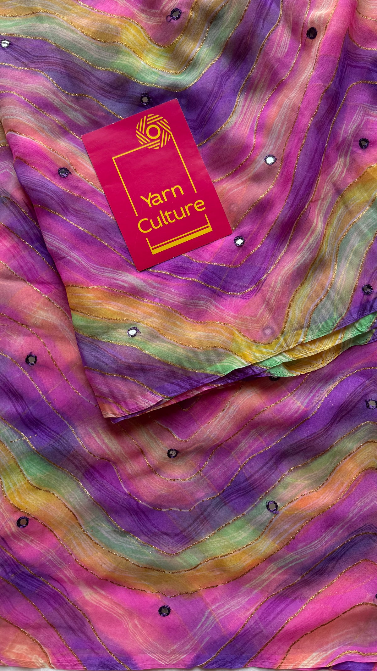 Purple pink multicoloured leheriya chiffon saree with mirror work  - YCTORLOC95