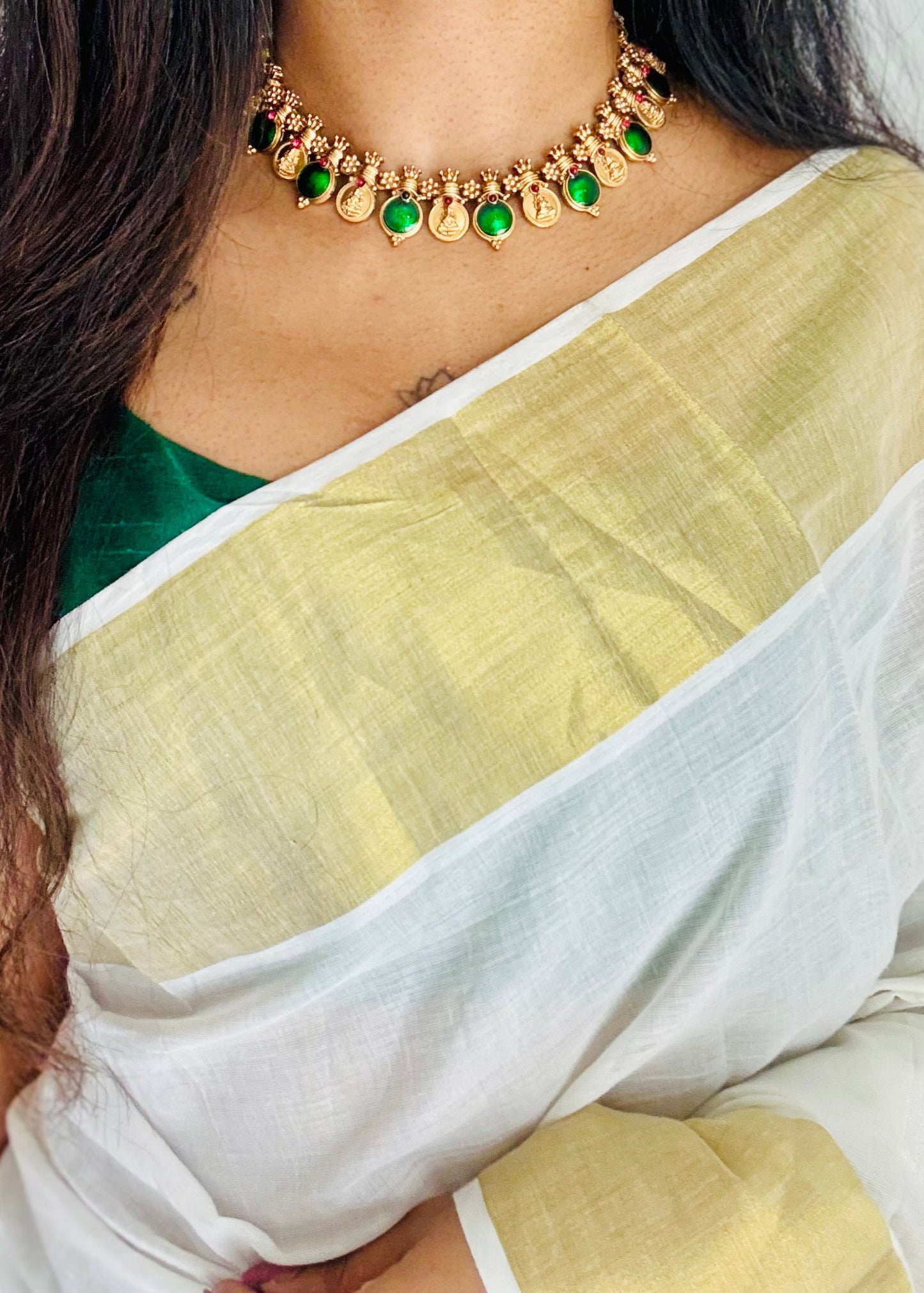 Coin necklace with green pendants, with earrings - YCGPNP773