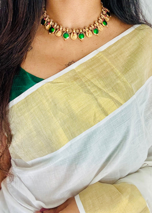 Coin necklace with green pendants, with earrings - YCGPNP773