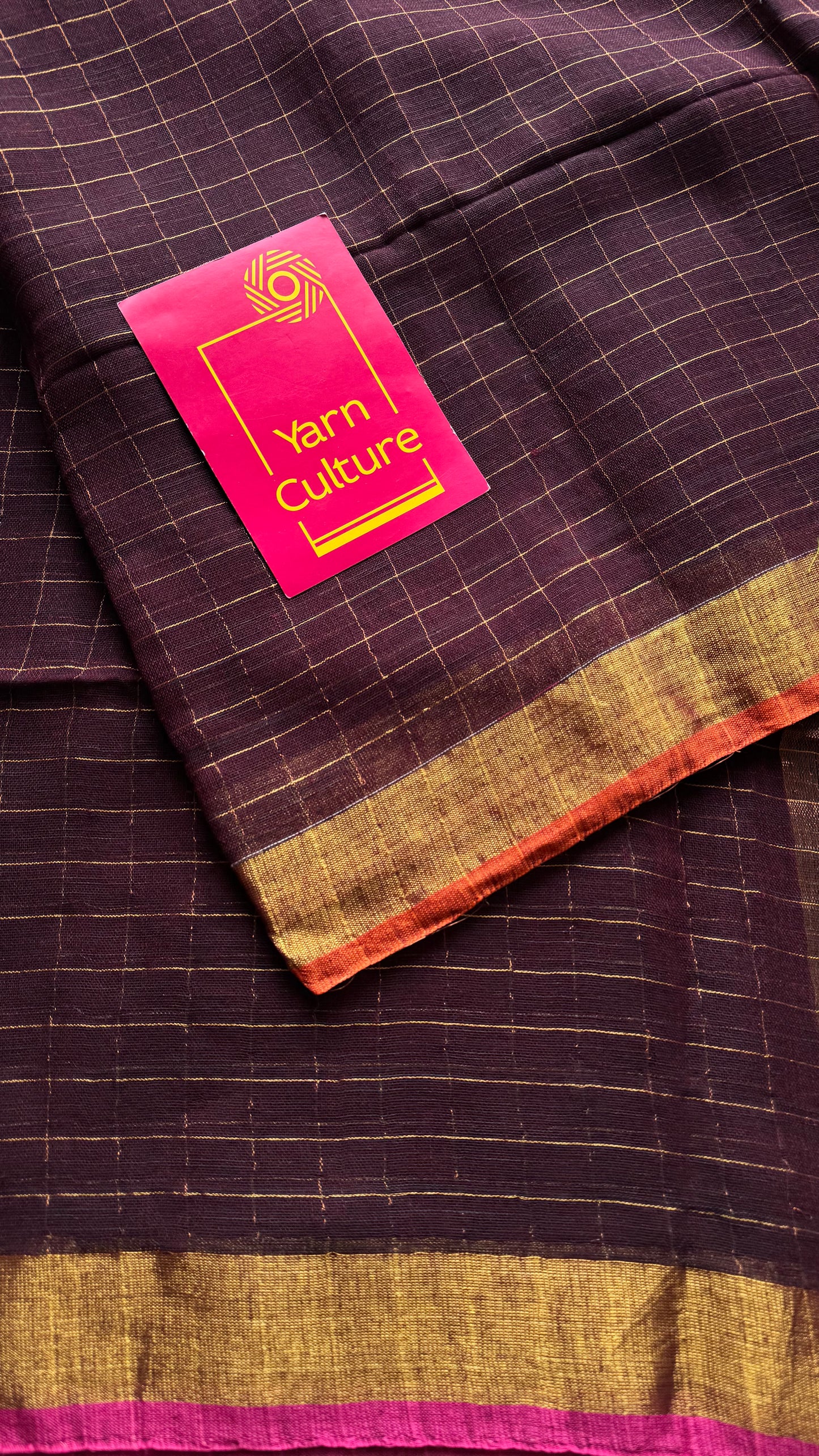 Brown linen by cotton saree, gold checks & copper zari pallu - YCBCLCFE394