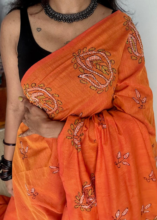 Shondhya Alo (সন্ধ্যা আলো) - Evening Light, orange kantha weave in soft khadi cotton - YCBCSEKC07