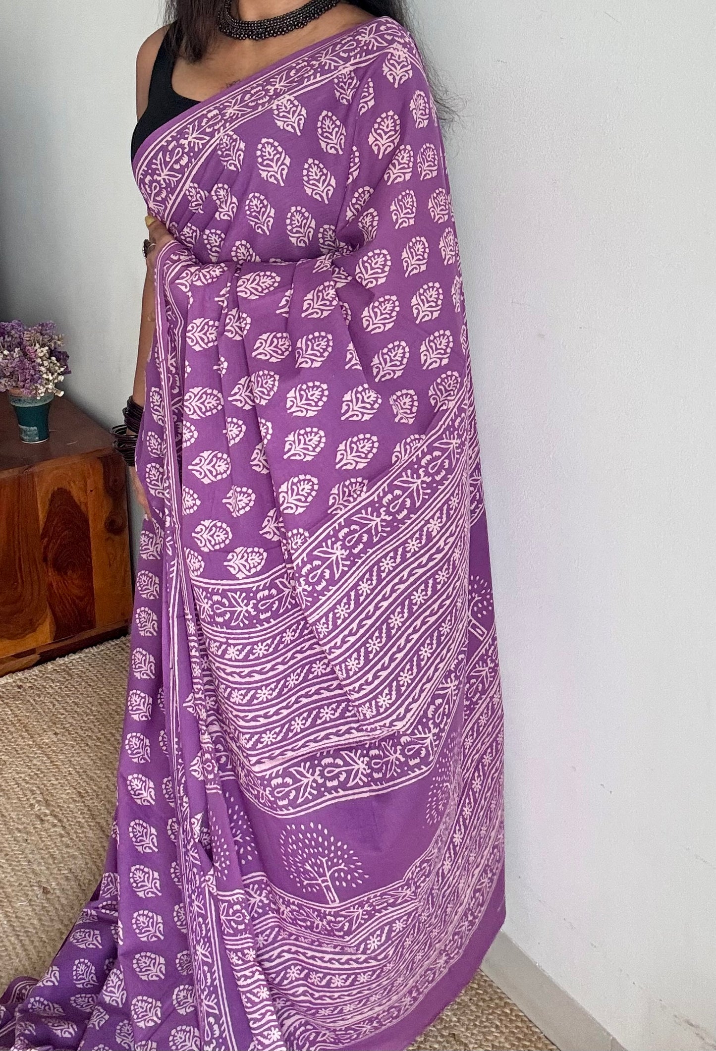 Purple with off white floral block printed soft cotton saree - YCTORCMA17