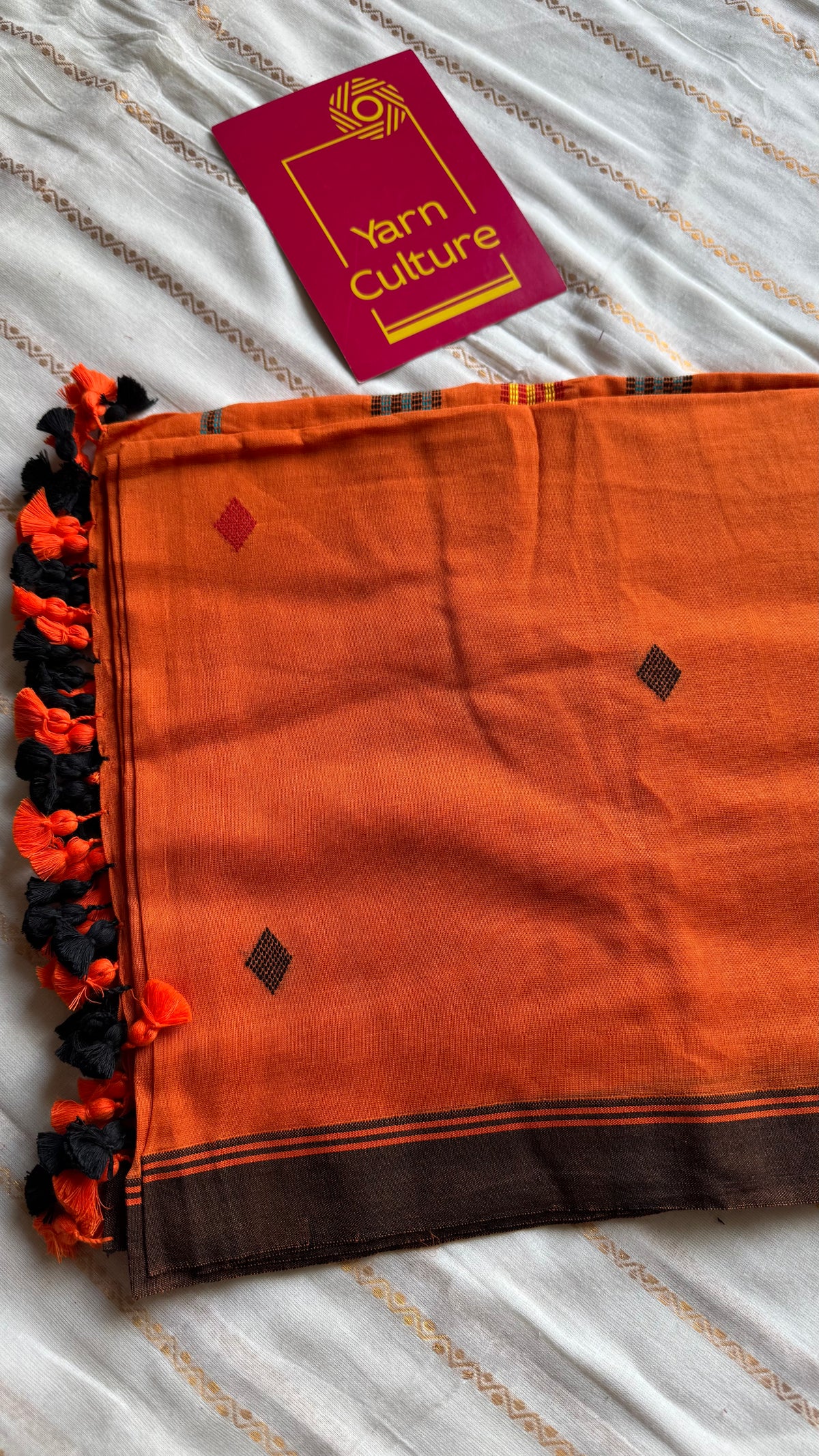 Handloom Bengal soft cotton saree, orange with woven buttas and brown borders - YCBCMCSE36