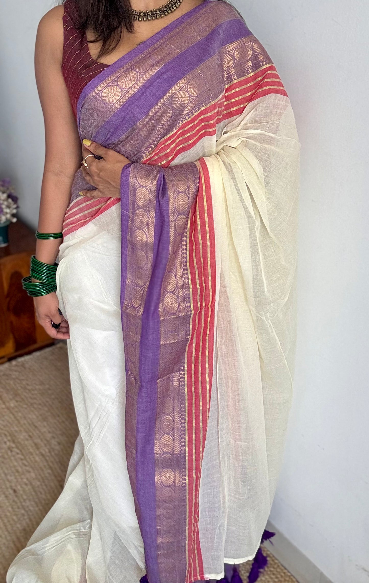Ivory mul saree with purple and red motif zari border  - YCBCMCFE299