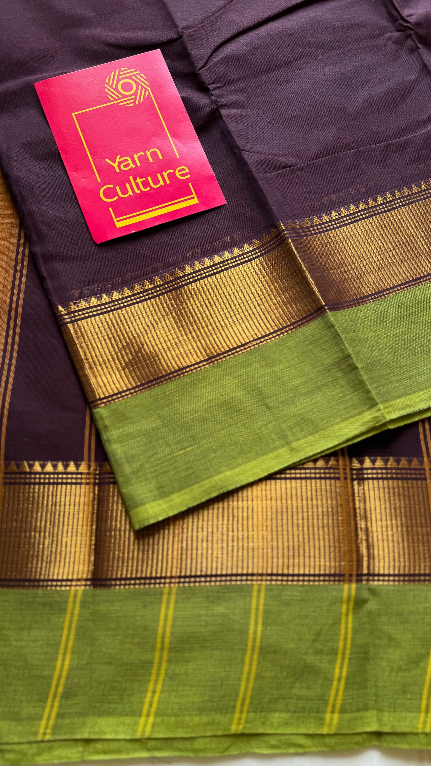 Chettinad cotton saree in brown with green and gold border - YCCOTNJUCC09