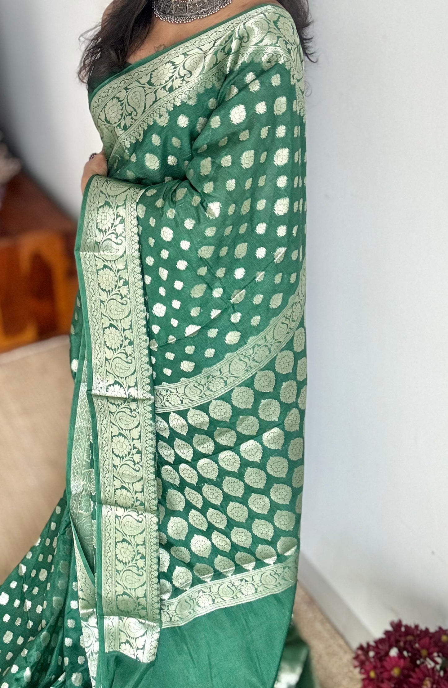 Bottle green, silver buttas and zari, Banarasi semi-silk - YCDESE40