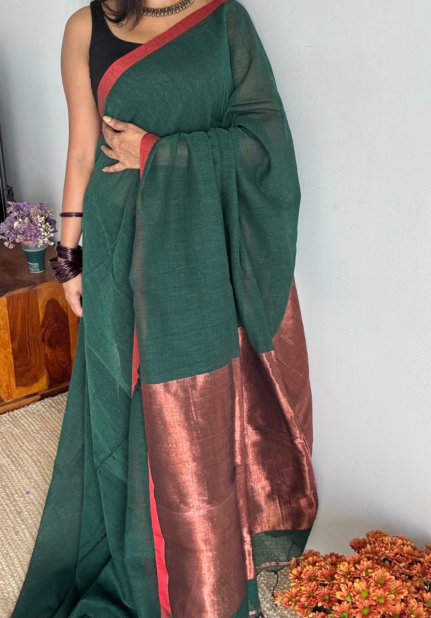 Dark green plain linen by cotton saree with copper zari pallu - YCBCLCFE397
