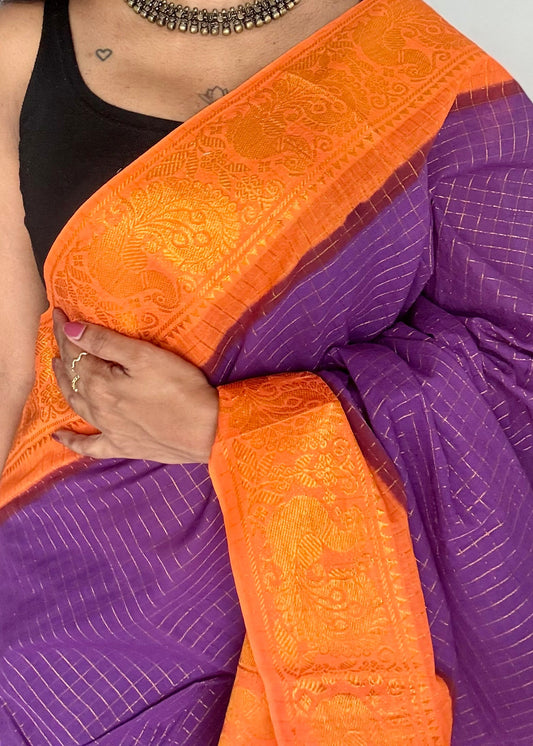 Purple with orange contrast zari checkered sungudi, kattuchayam dyed madurai cotton - YCCOTNMSAP195