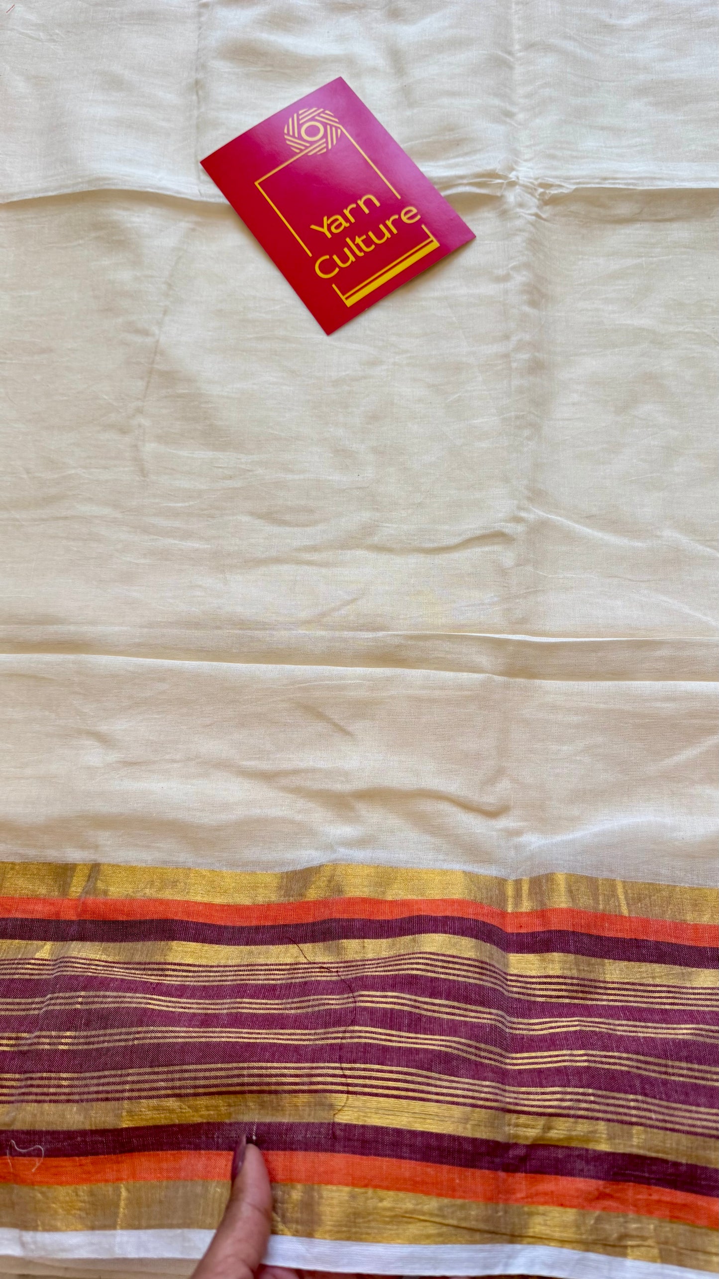 Ivory mul saree, deep maroon, orange, gold zari border - YCIEON02